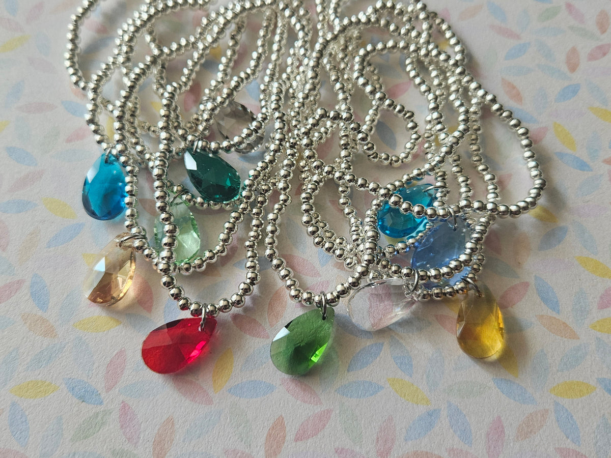 Glass Drop Bracelet | Beaded Faceted Glass Charm Bracelet | Colourful Stretch Bracelet | Silver Tone Beaded Jewellery | Various Colours