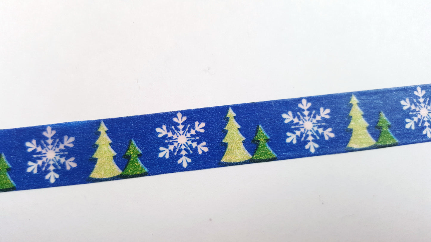 10m roll washi tape - 15mm - christmas trees & snowflakes - blue & silver