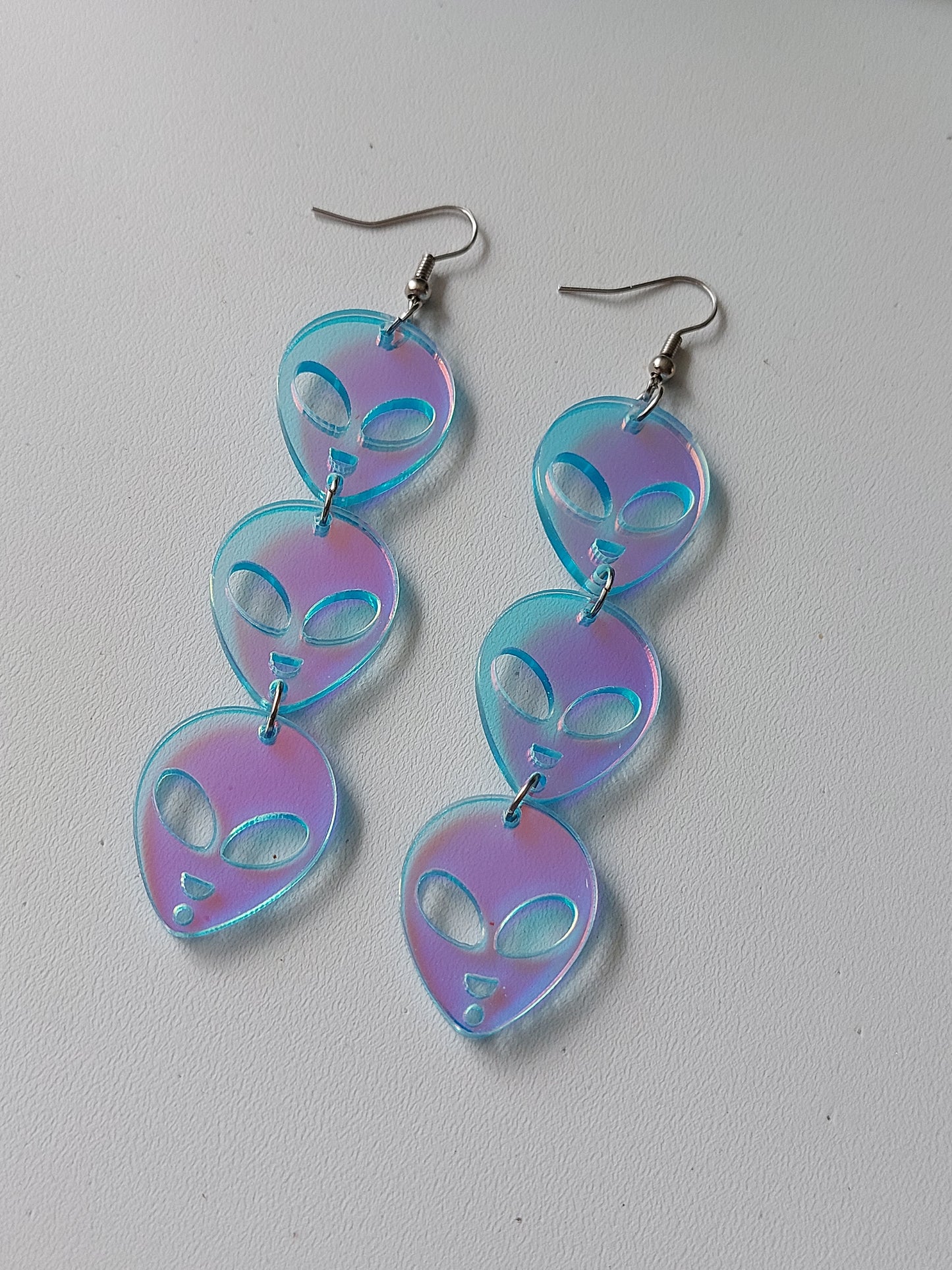 Alien Trio Dangle Earrings | Iridescent Blue AB Acrylic Earrings | Statement Drop Earrings 80mm