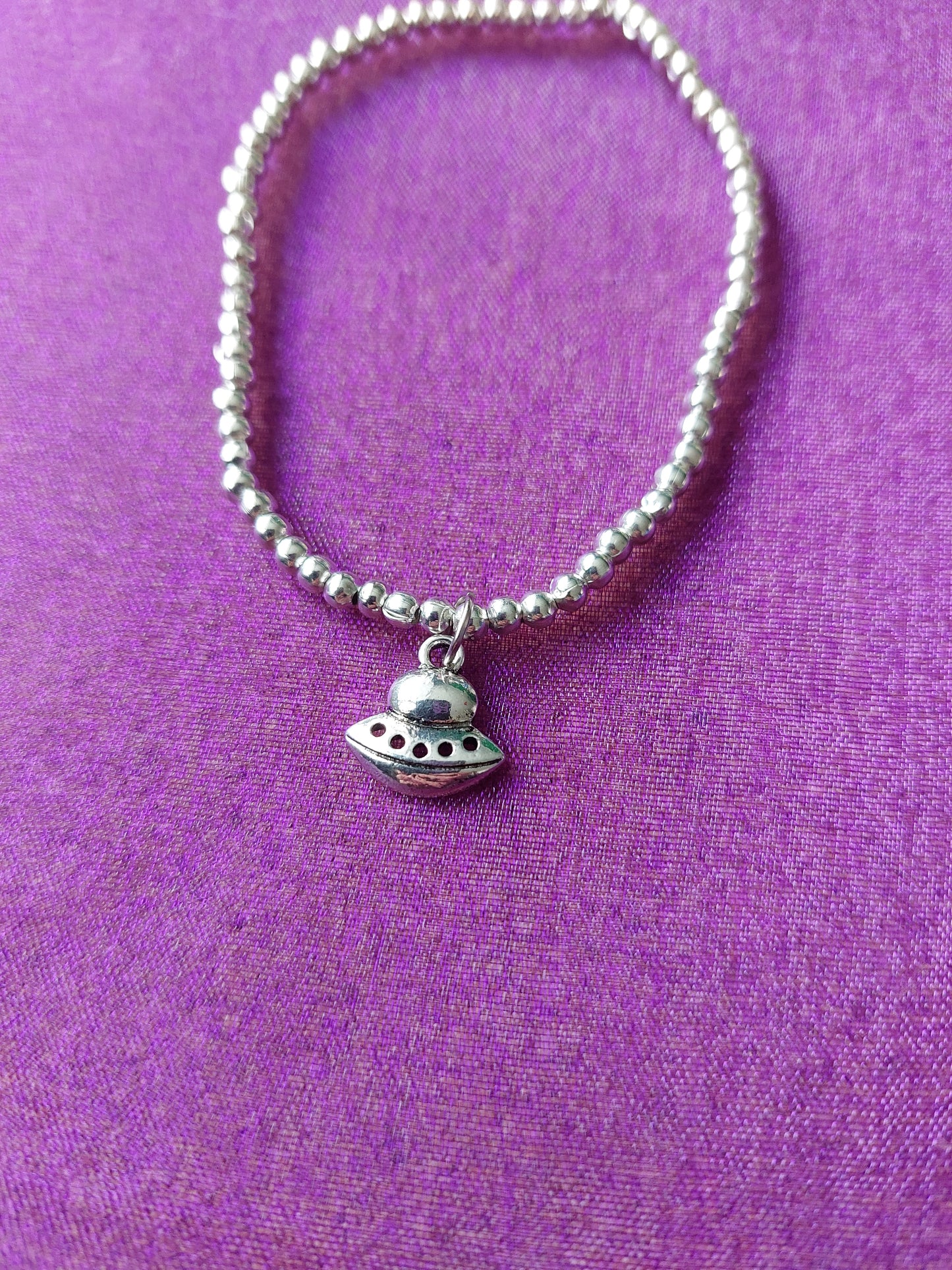 Beaded UFO Charm Bracelet | Silver Plated Pendant on Elastic | Space, Sci-Fi & Geeky Jewelry