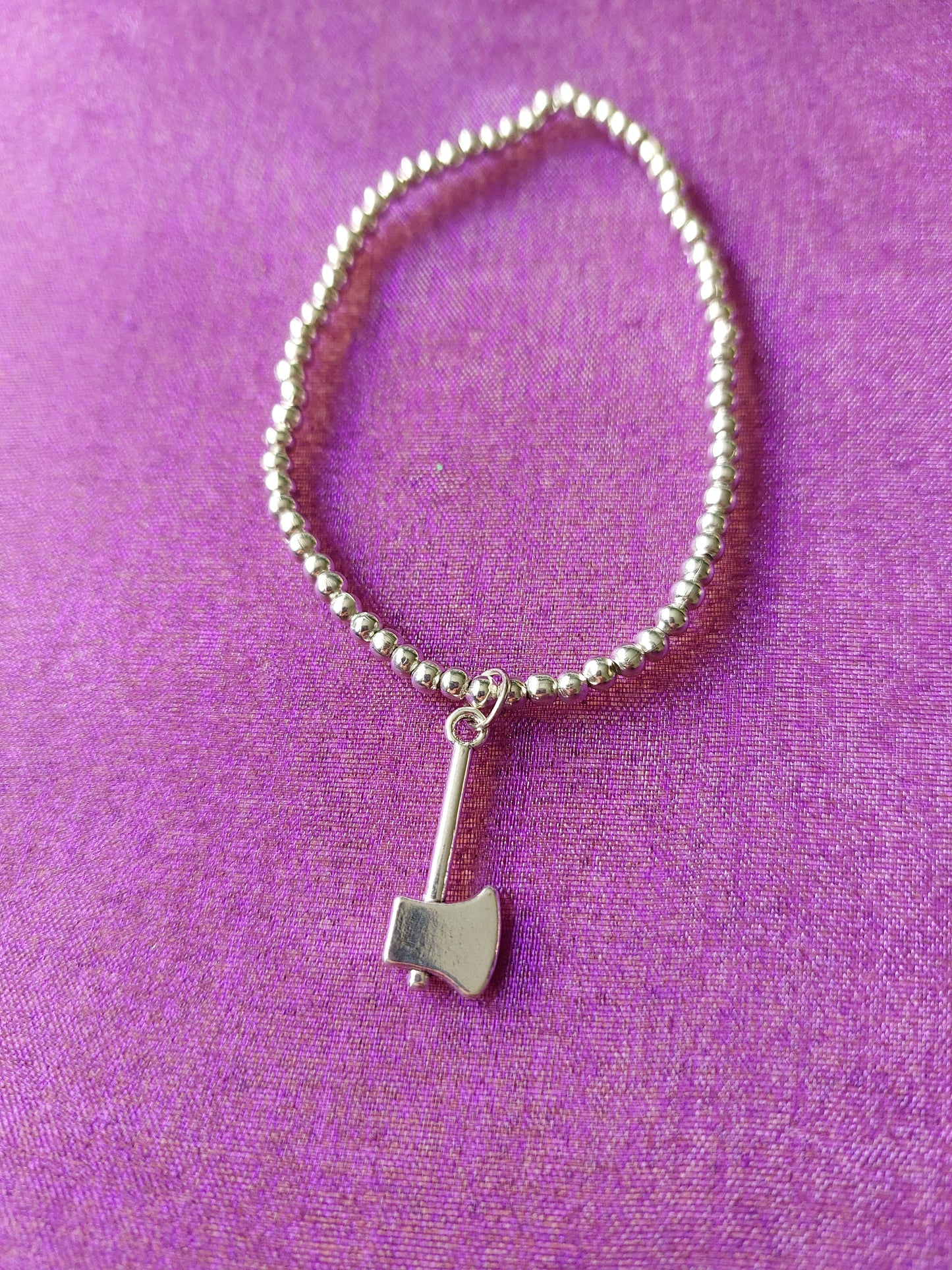 Beaded Axe Charm Bracelet | Silver Tone Beads & Silver Plated Pendant, Elastic One Size, Handmade Viking & Fantasy Jewelry Gift