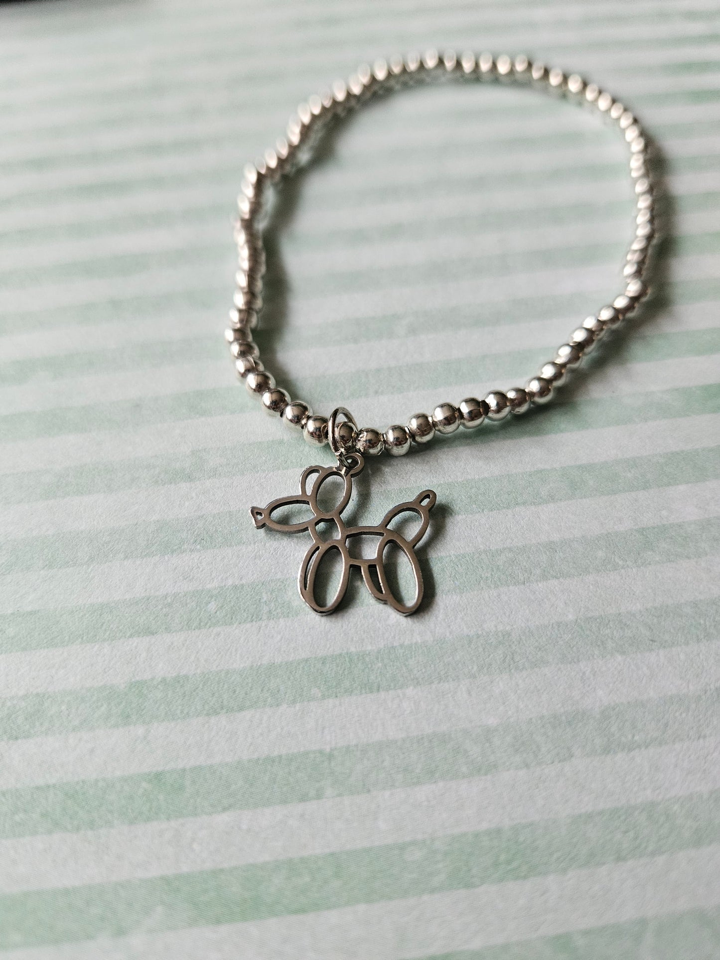 Beaded Balloon Dog Charm Bracelet | Silver Tone Beads | Fun Elastic Jewelry Gift for Dog & Animal Lovers