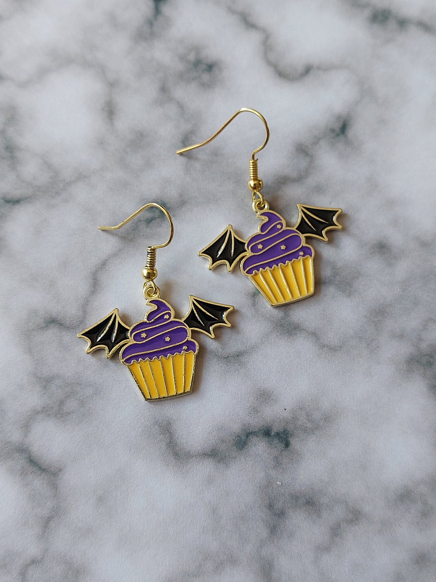 Bat Wing Cupcake Earrings – Spooky Cute Halloween Jewelry, Enamel Gold Earrings, Witchy Accessories, Kawaii Goth Earrings, Fall Jewelry
