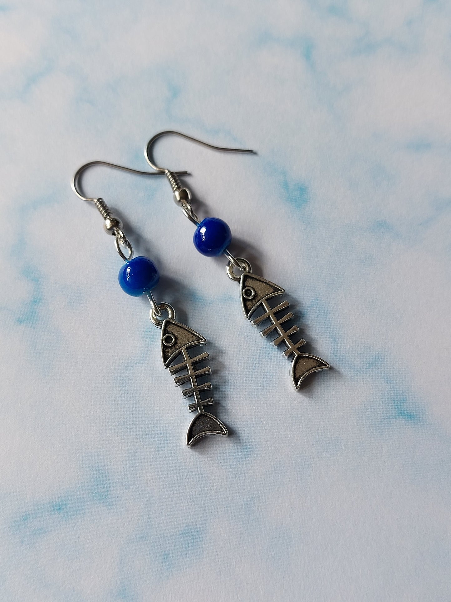 Spooky Fish Skeleton Earrings | Blue Beaded Halloween Jewelry | Gothic Ocean Style | Unique Creepy Cute Gift
