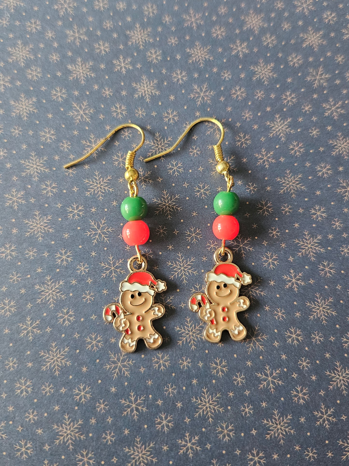 Gingerbread Man Earrings | Gold Tone Enamel Festive Dangle Earrings | Christmas Jewellery