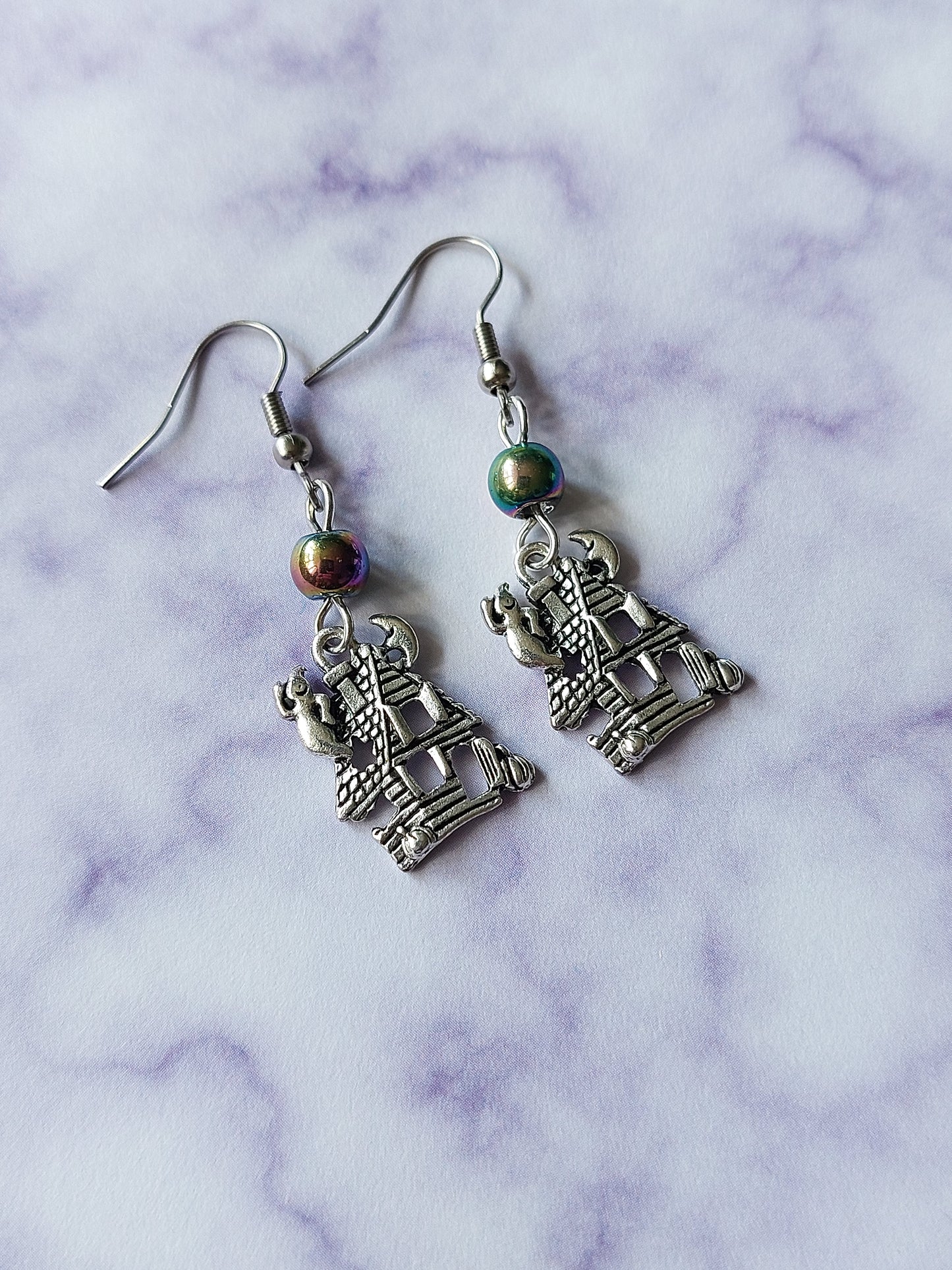 Haunted House Earrings | Rainbow Glass Bead Dangle | Spooky Cute Halloween Jewellery
