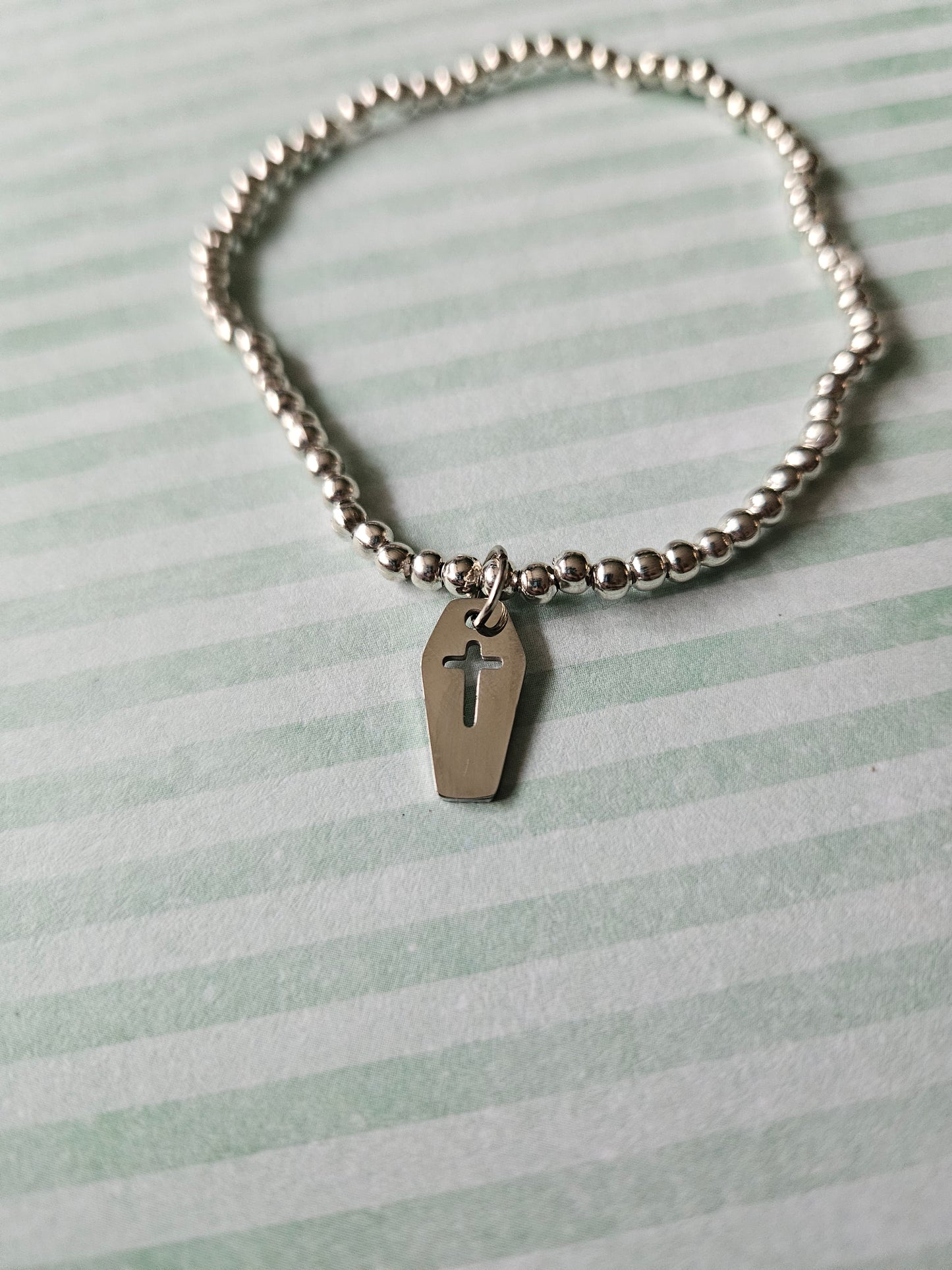 Coffin Charm Bracelet | Beaded Elastic Gothic Jewellery | Spooky Statement Accessory