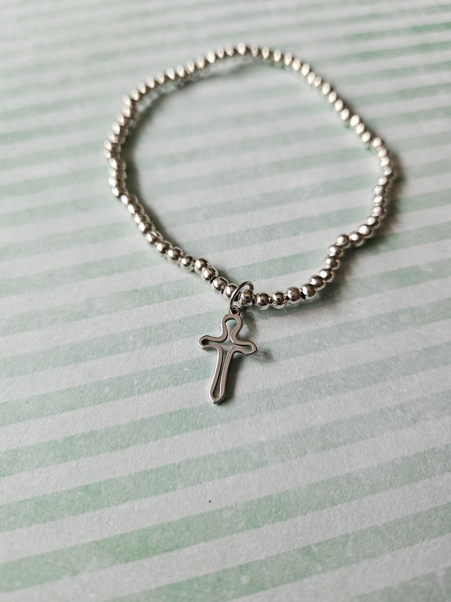 Beaded Cross Charm Bracelet | Elastic Silver Tone Jewelry | Stainless Steel Pendant | Faith & Religious Gift