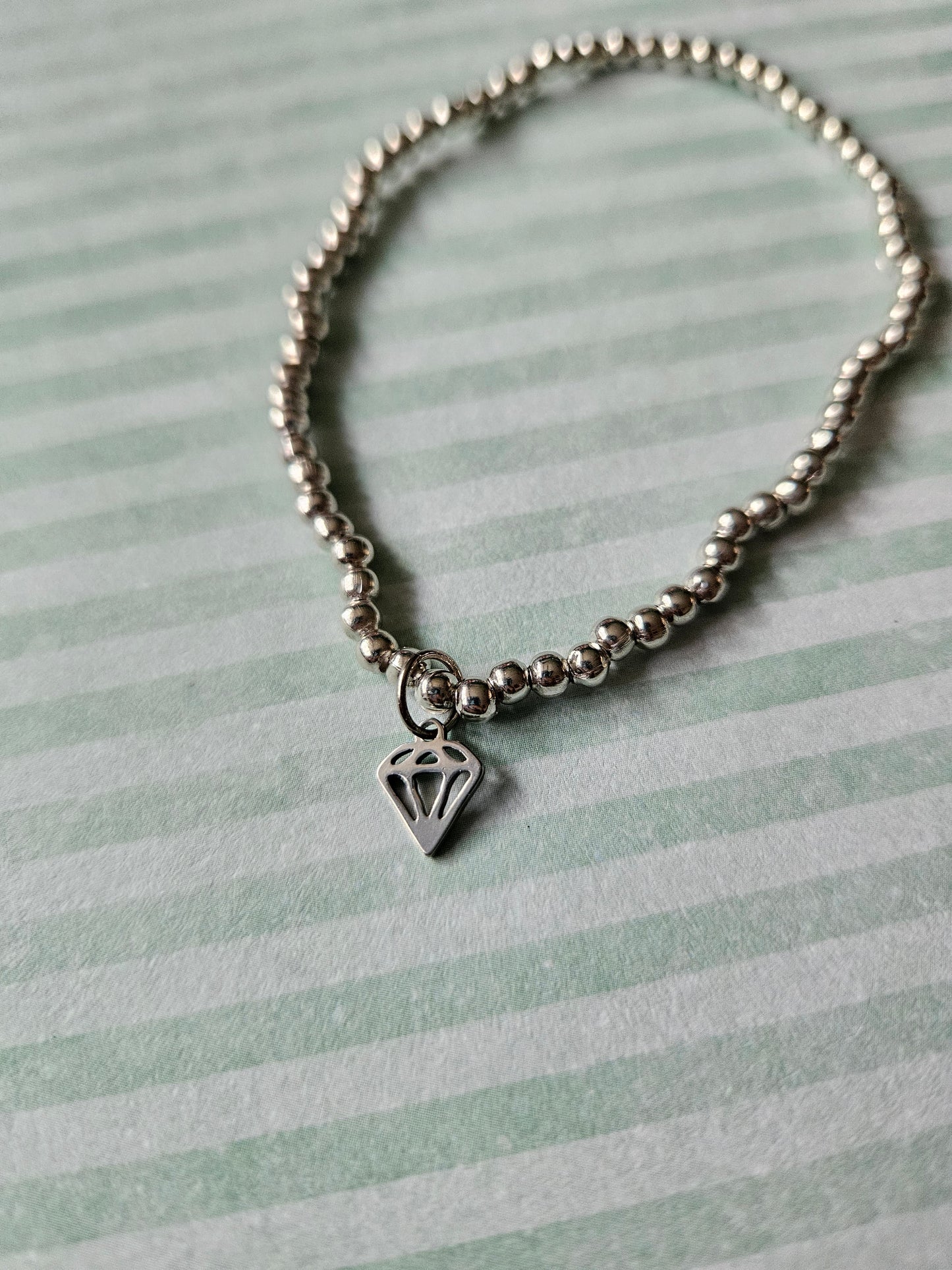 Beaded Diamond Gem Charm Bracelet | Elastic Silver Tone Jewelry | Cute Stainless Steel Pendant | Gift for Gem Lovers