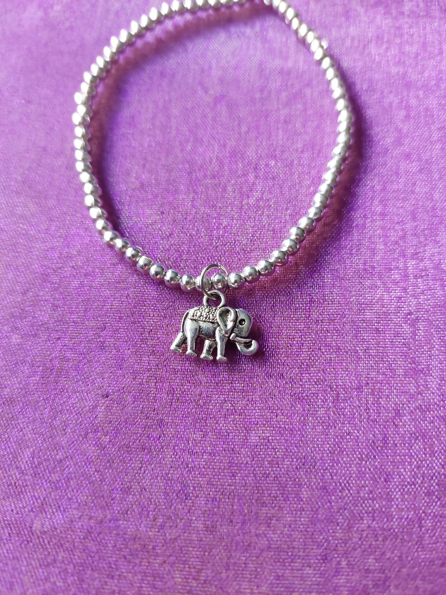 Beaded Elephant Charm Bracelet | Silver Tone Beads & Silver Plated Pendant, Elastic One Size, Handmade Animal Jewelry Gift