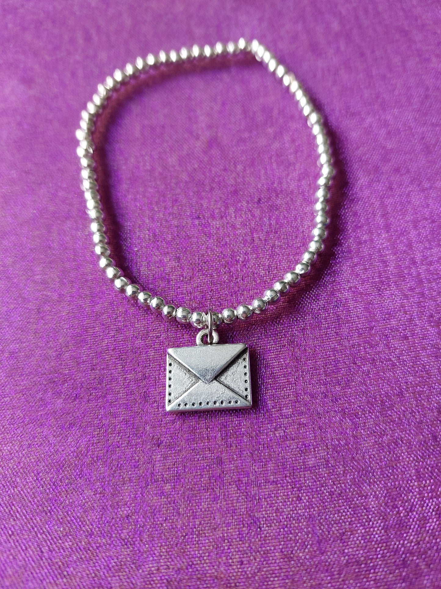 Beaded Envelope Charm Bracelet - Silver Plated Pendant on Elasticated Beads | Cute Stationery Jewelry Gift