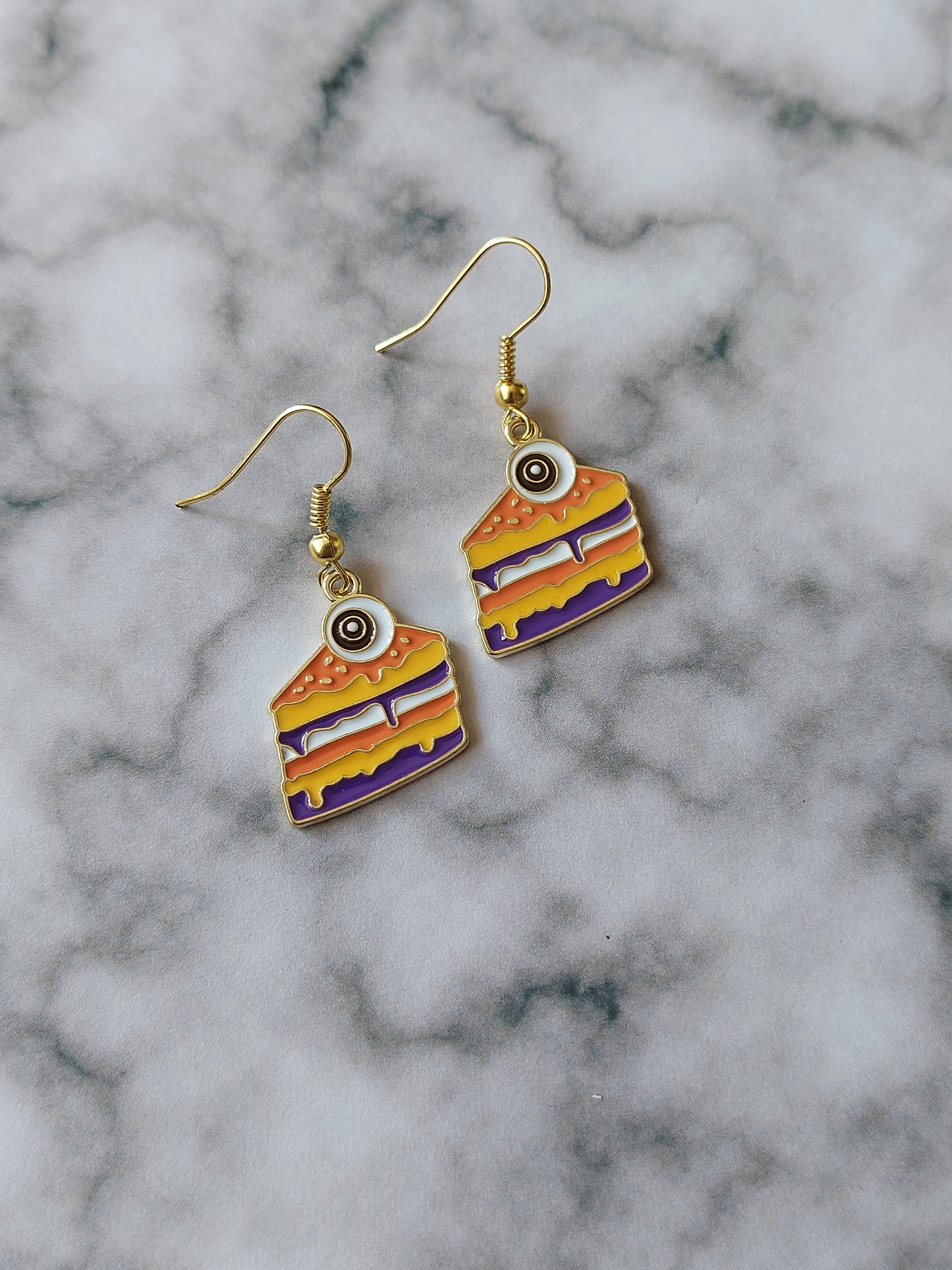 Eyeball Cake Earrings – Gold Plated Enamel Dangles, Cute Kawaii Jewelry, Fun Food Accessory, Gift for Her, Unique Statement
