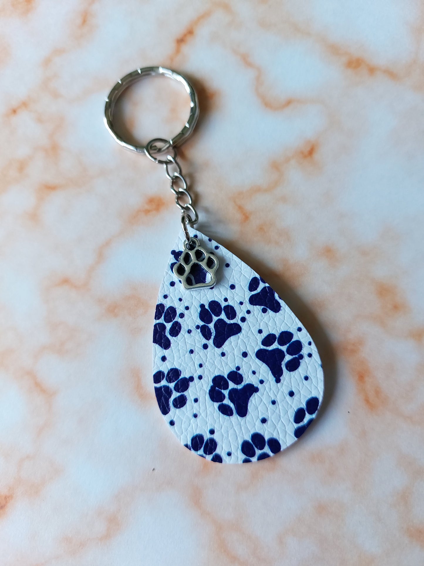 Pawprint Keyring | Printed Faux Leather Drop with Silver Plated Chain, Handmade Pet Lover Accessory, Gift for Dog & Cat Fans
