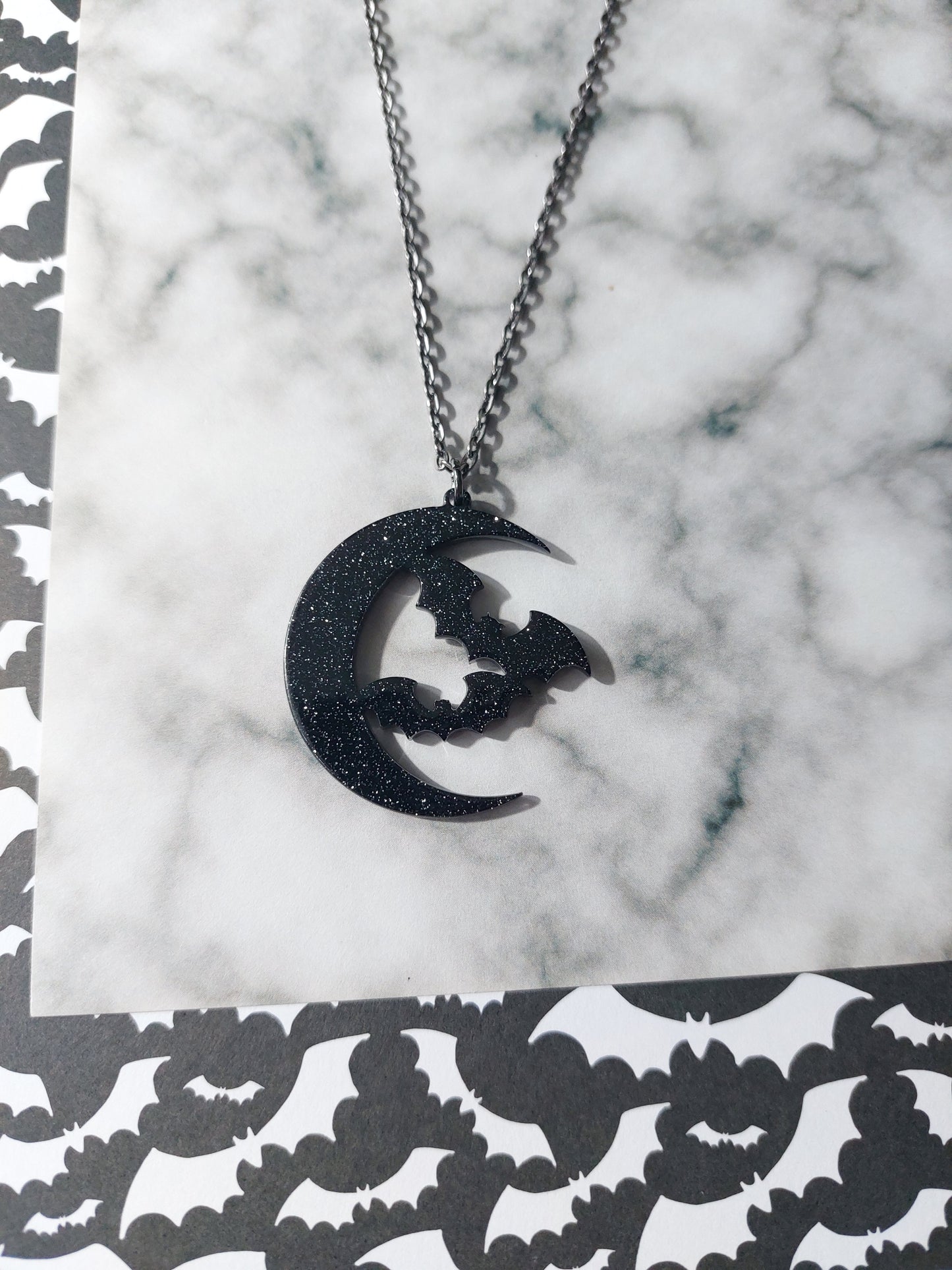 Bats Moon Necklace – Glitter Pendant on Gunmetal Chain, Gothic Halloween Jewellery, Witchy Spooky Gift