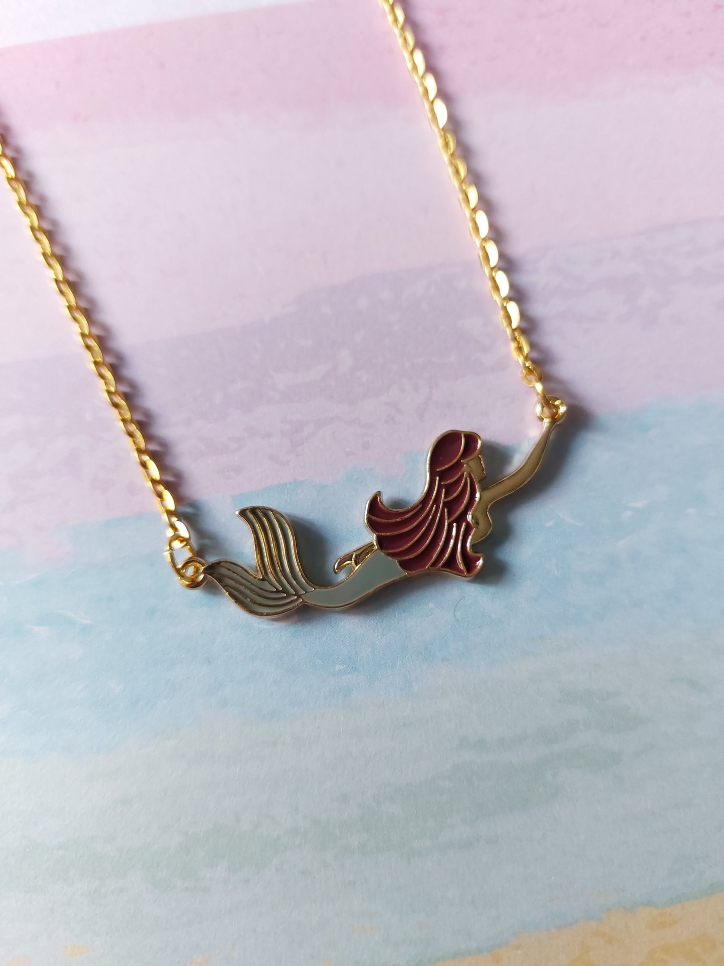 Mermaid Necklace | Gold Tone Enamel Pendant | Fantasy Ocean Jewellery | Cute Mermaid Gift for Her