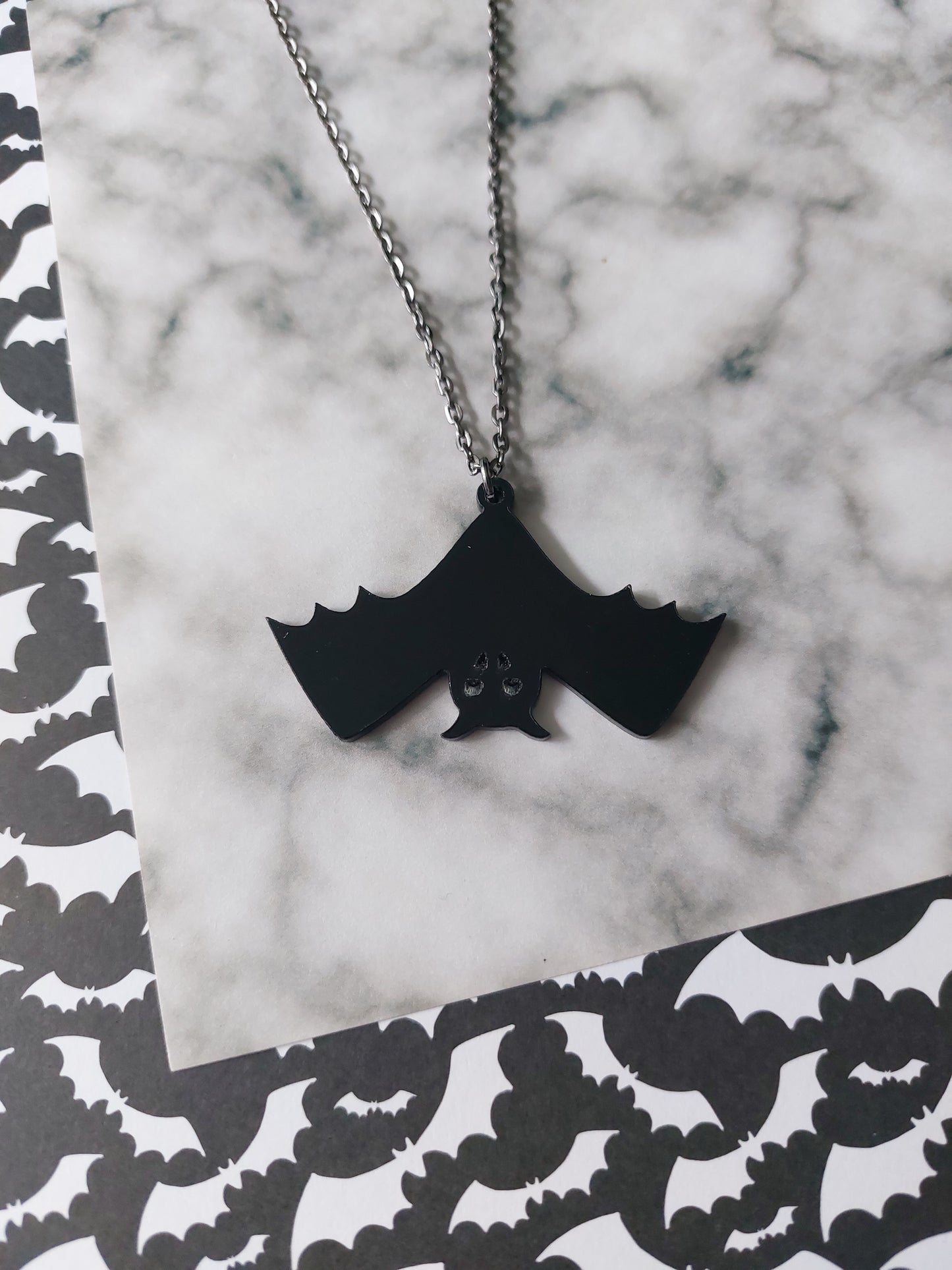 Bat Necklace – Gothic Acrylic Pendant on Gunmetal Chain, Halloween Statement Jewellery, Spooky Goth Gift