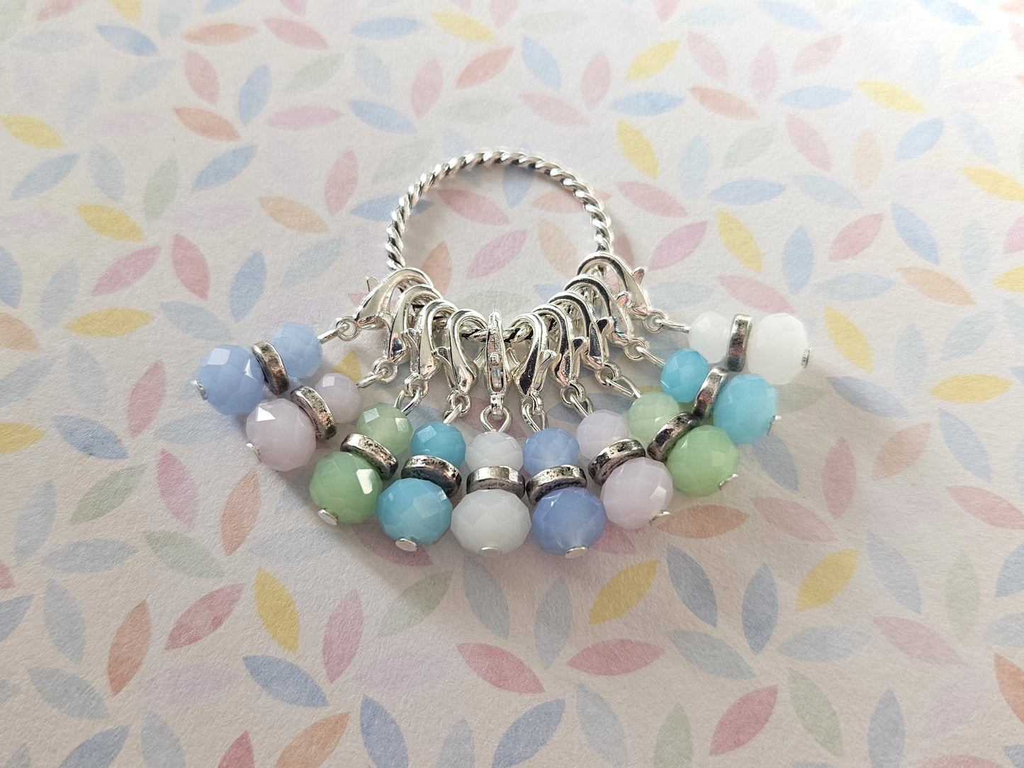 10 Pastel Beaded Stitch Markers | Faceted Glass & Silver Ring Spacers | Knitting & Crochet 25mm