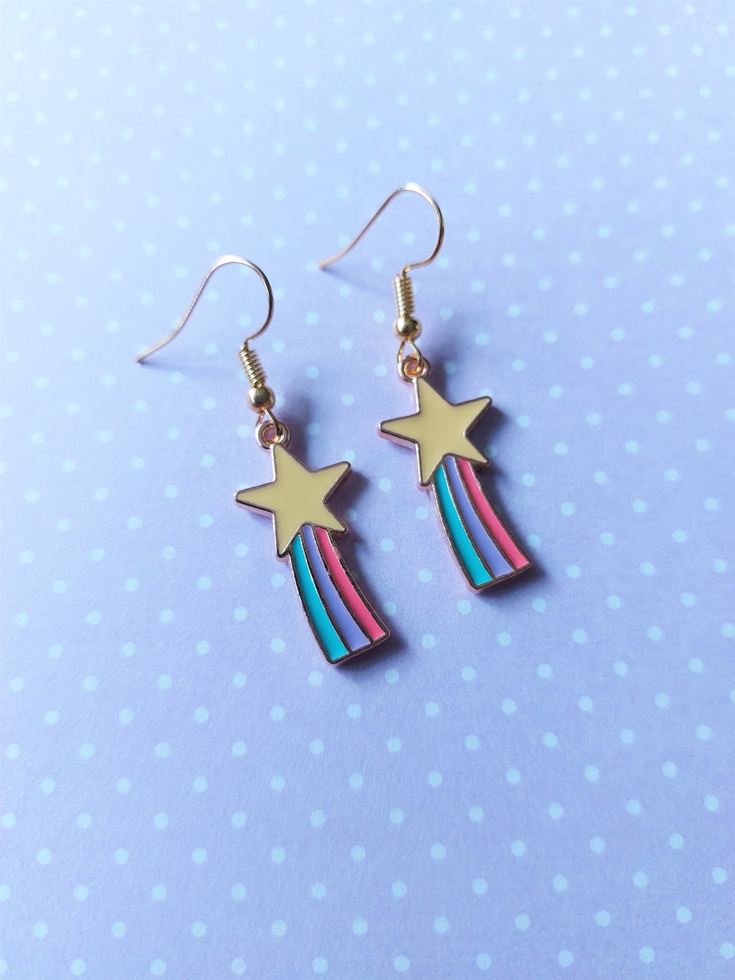 Rainbow Shooting Star Earrings | Gold Plated Enamel Dangle | Cute Kawaii Jewellery | Magical Statement Earrings