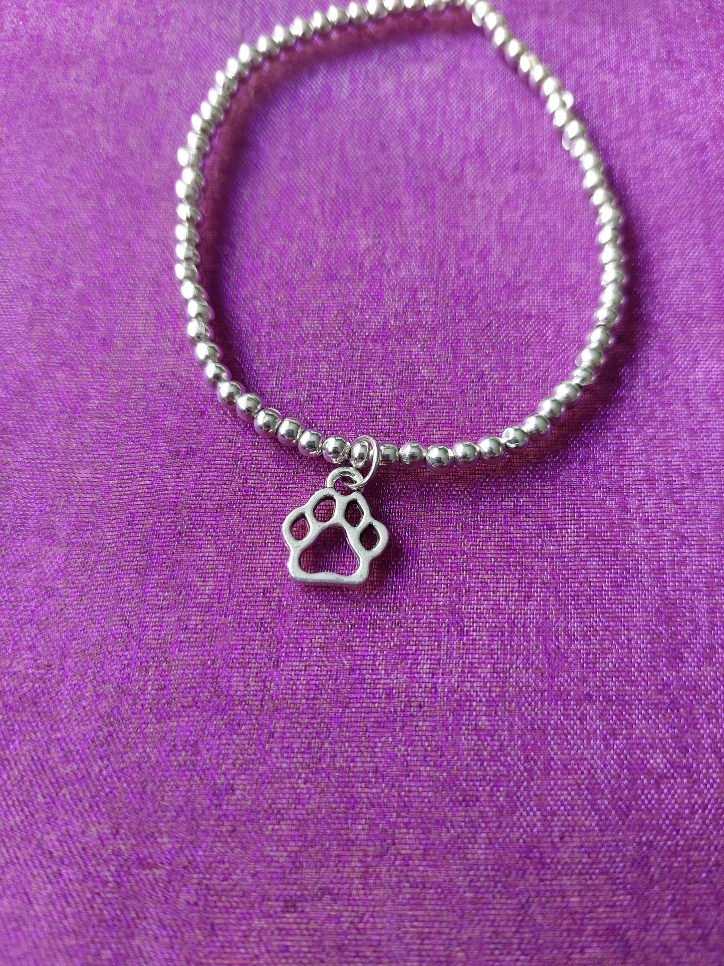Beaded Pawprint Charm Bracelet | Silver Tone Elastic Bracelet with Paw Pendant