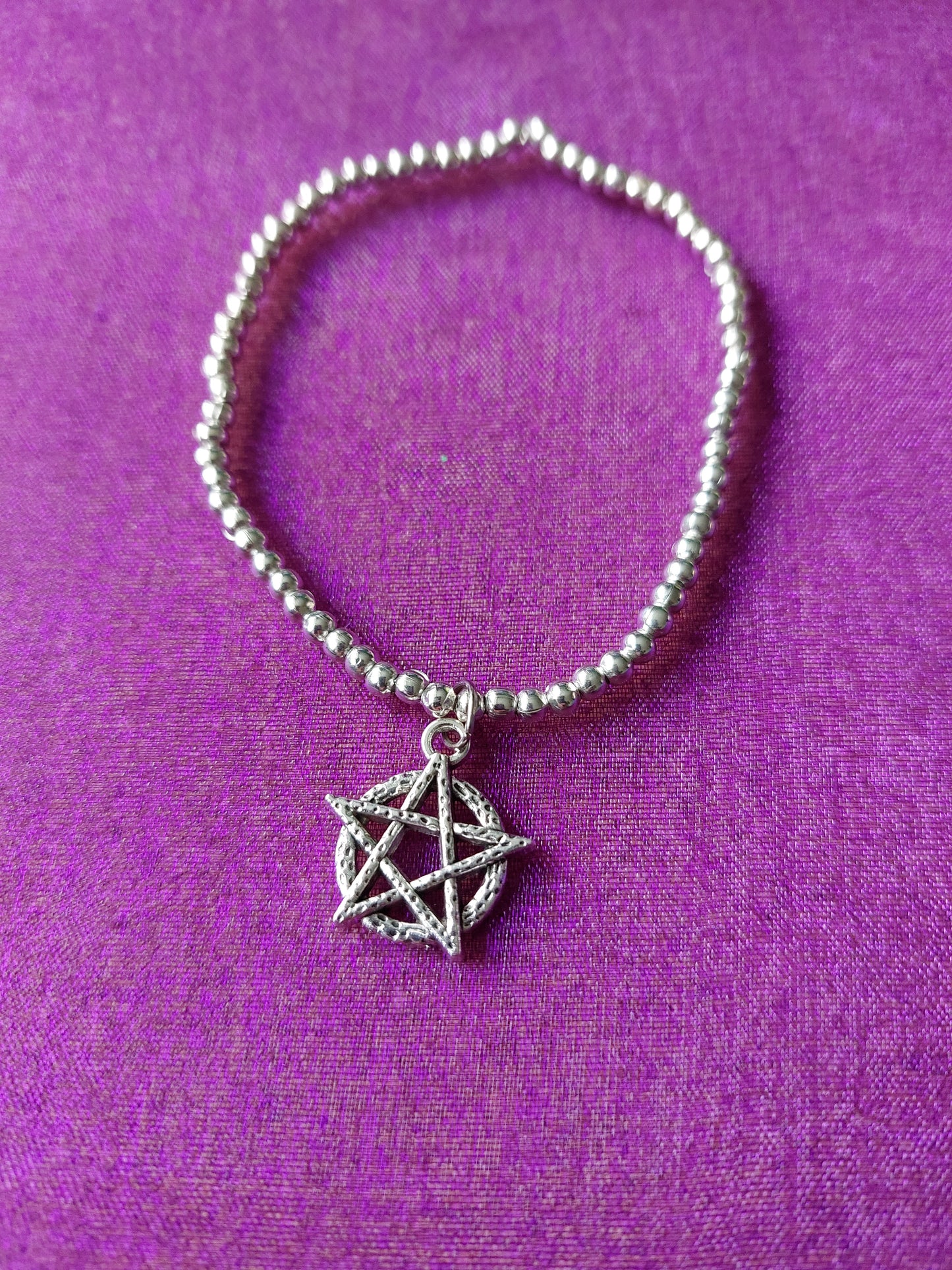Beaded Pentagram Charm Bracelet | Silver Plated Pendant on Elastic | Gothic, Witchy, and Halloween Jewelry