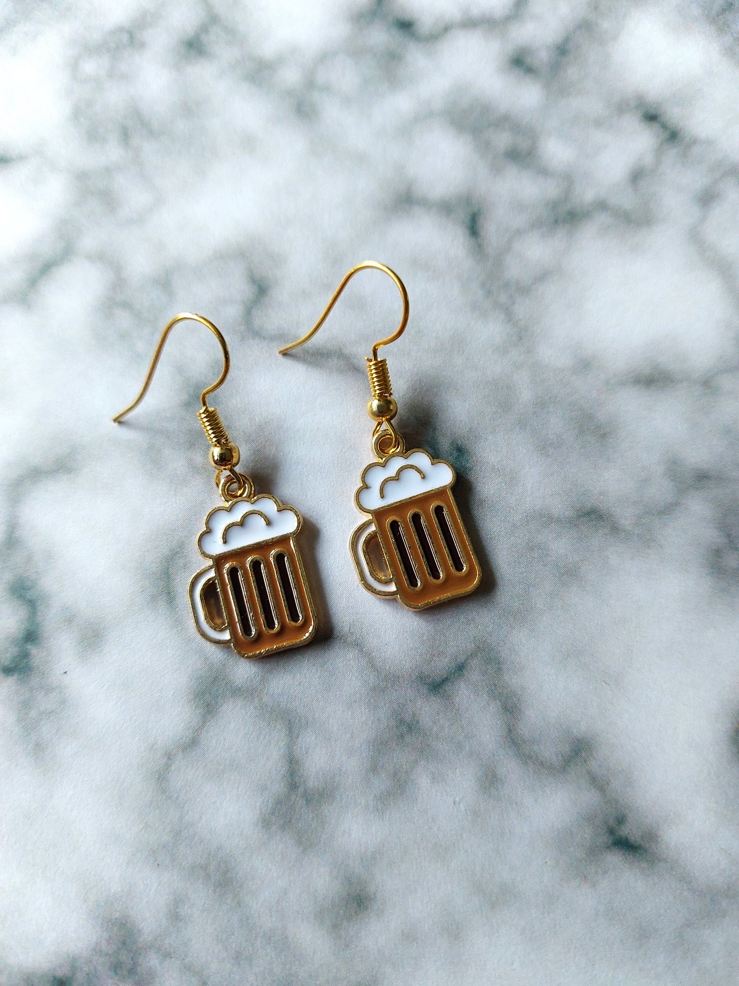 Pint of Beer Earrings | Gold Tone Enamel Pendants | Fun Kawaii Food Jewelry | 20mm Drop