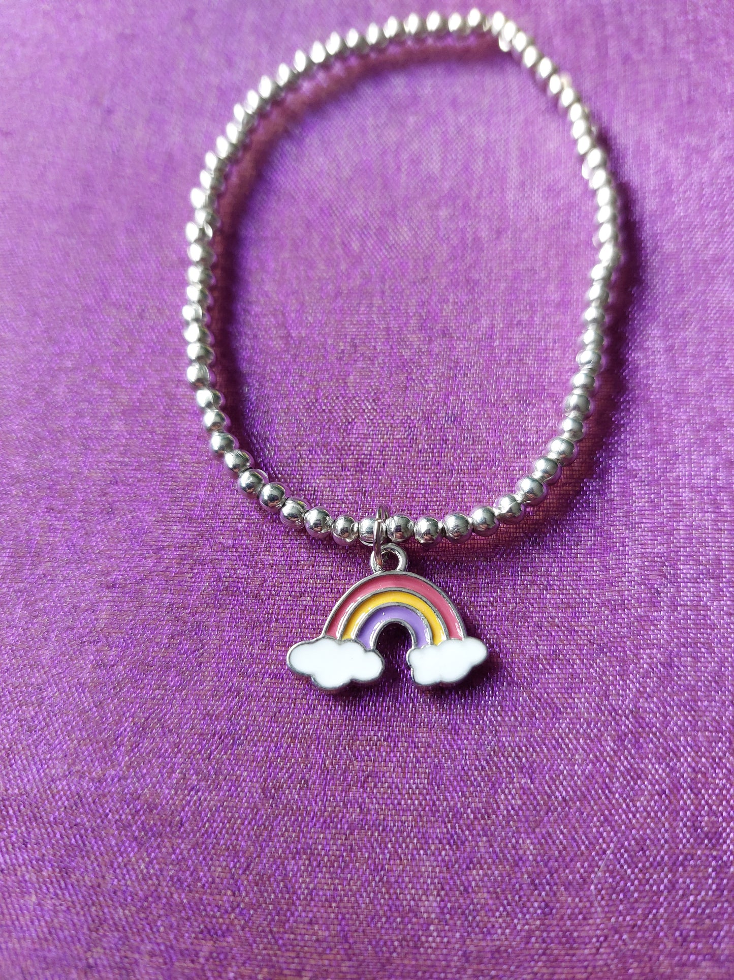Beaded Rainbow Charm Bracelet | Silver Plated Enamel Pendant | Colourful Elastic Jewelry Gift for Her