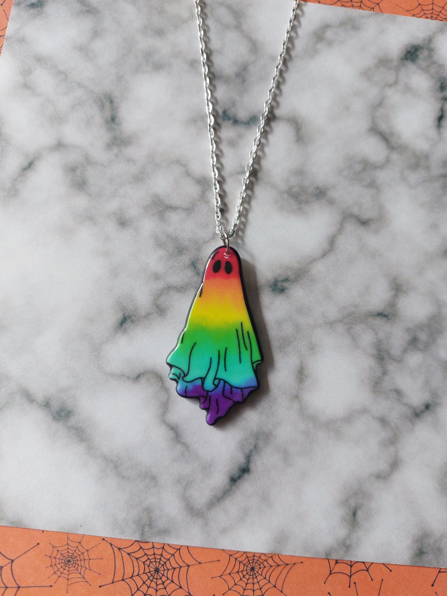 Rainbow Ghost Necklace | Double-Sided Resin Pendant | Silver Chain | Cute Spooky Pastel Gift