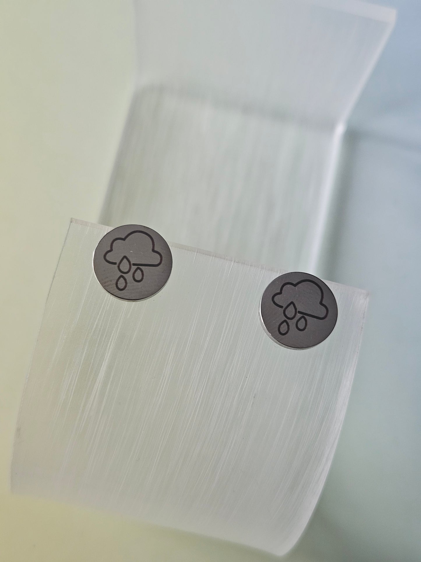 Raincloud Stud Earrings | Stainless Steel Engraved Earrings | Weather Disc Studs | 10mm