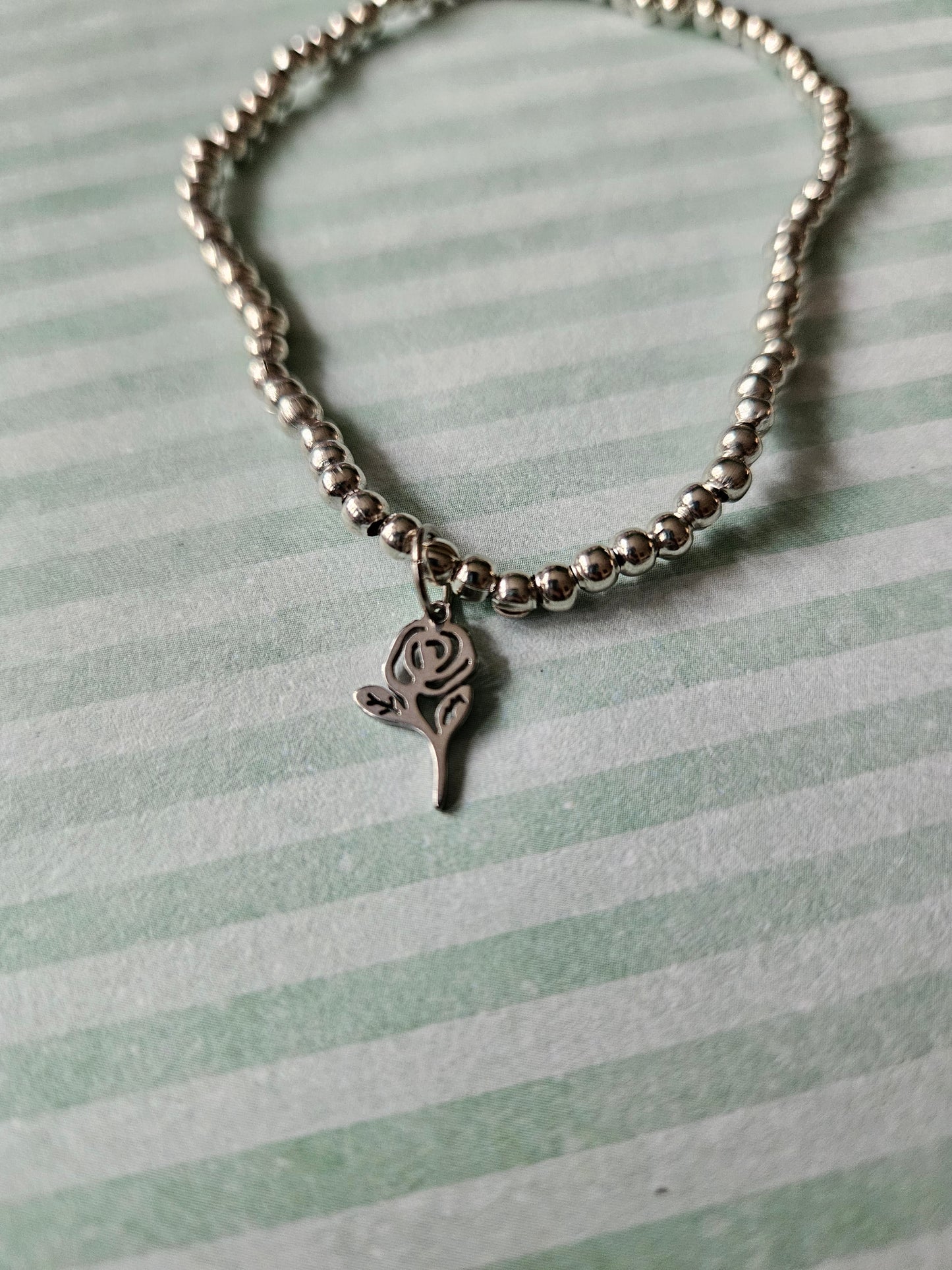 Beaded Rose Charm Bracelet | Elastic Silver Tone Jewelry | Floral Gift | Pretty Handmade Bracelet