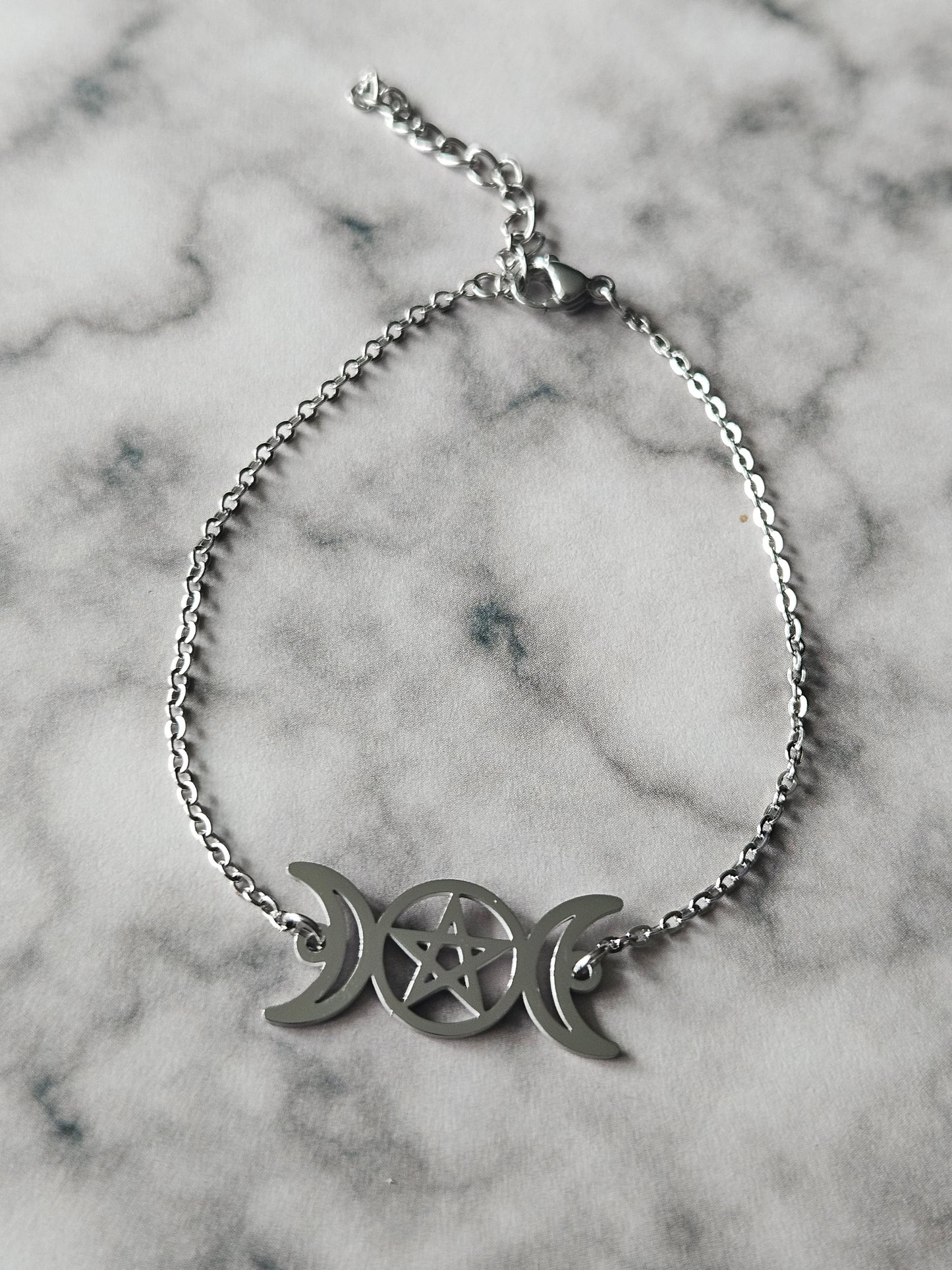 Triple Moon Pentagram Bracelet | Gothic Stainless Steel Bracelet | Witchy Pagan Jewellery