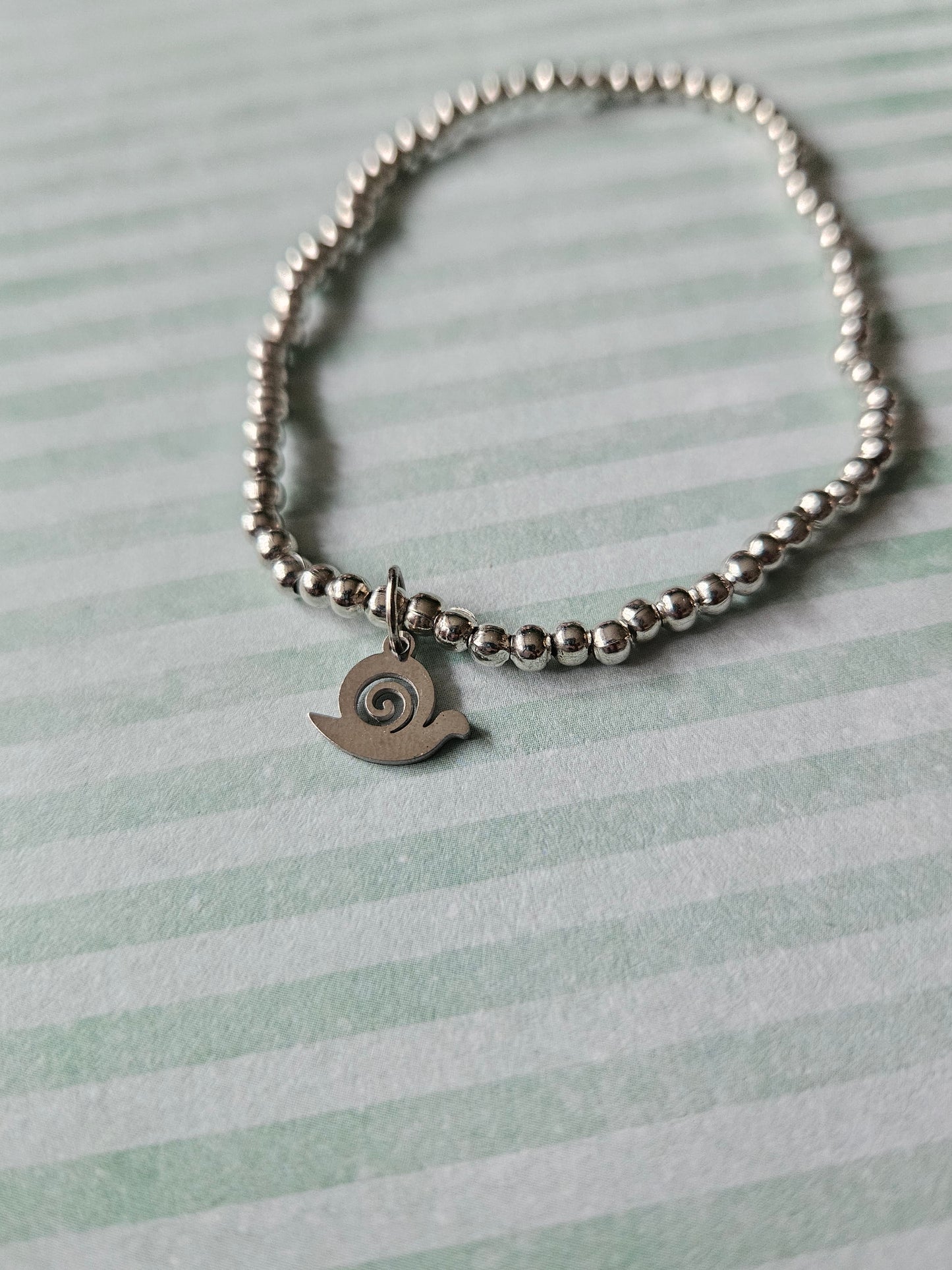 Beaded Snail Charm Bracelet | Cute Silver Beads | Elasticated One Size | Animal Lover Gift