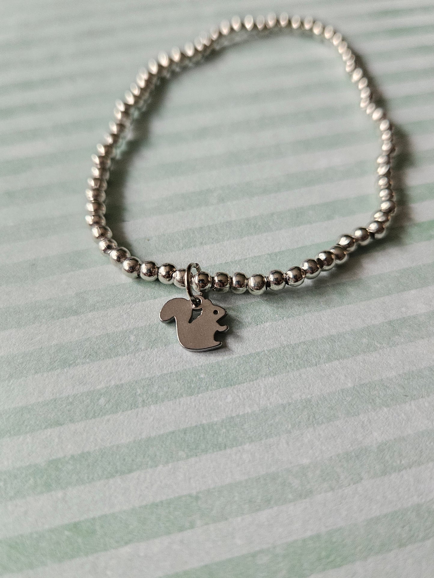 Beaded Squirrel Charm Bracelet | Silver Beads | Elasticated One Size | Cute Woodland Animal Jewellery