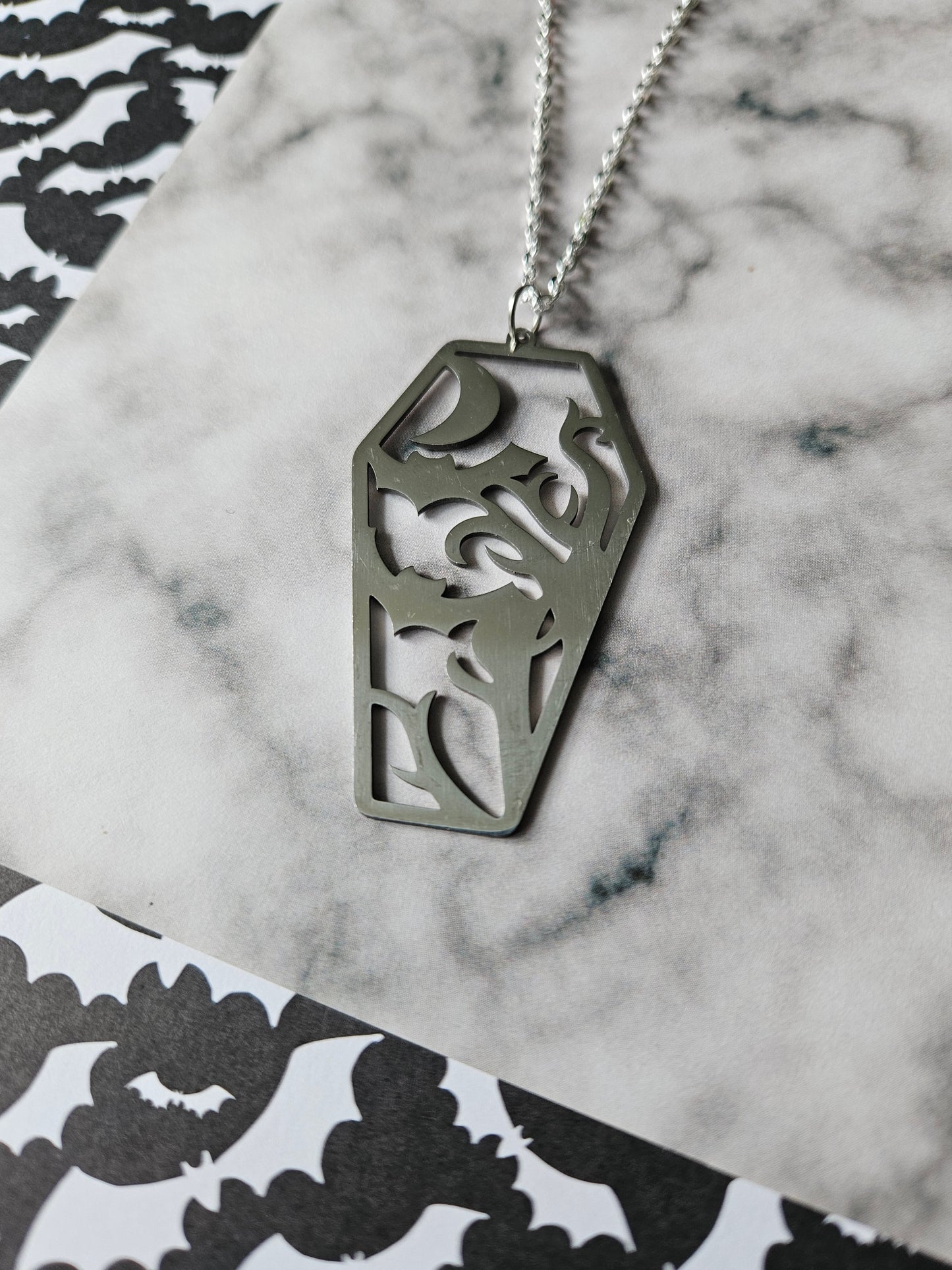 Gothic Coffin Necklace - Stainless Steel Pendant on Silver Chain | Halloween or Alternative Jewellery for Spooky Lovers