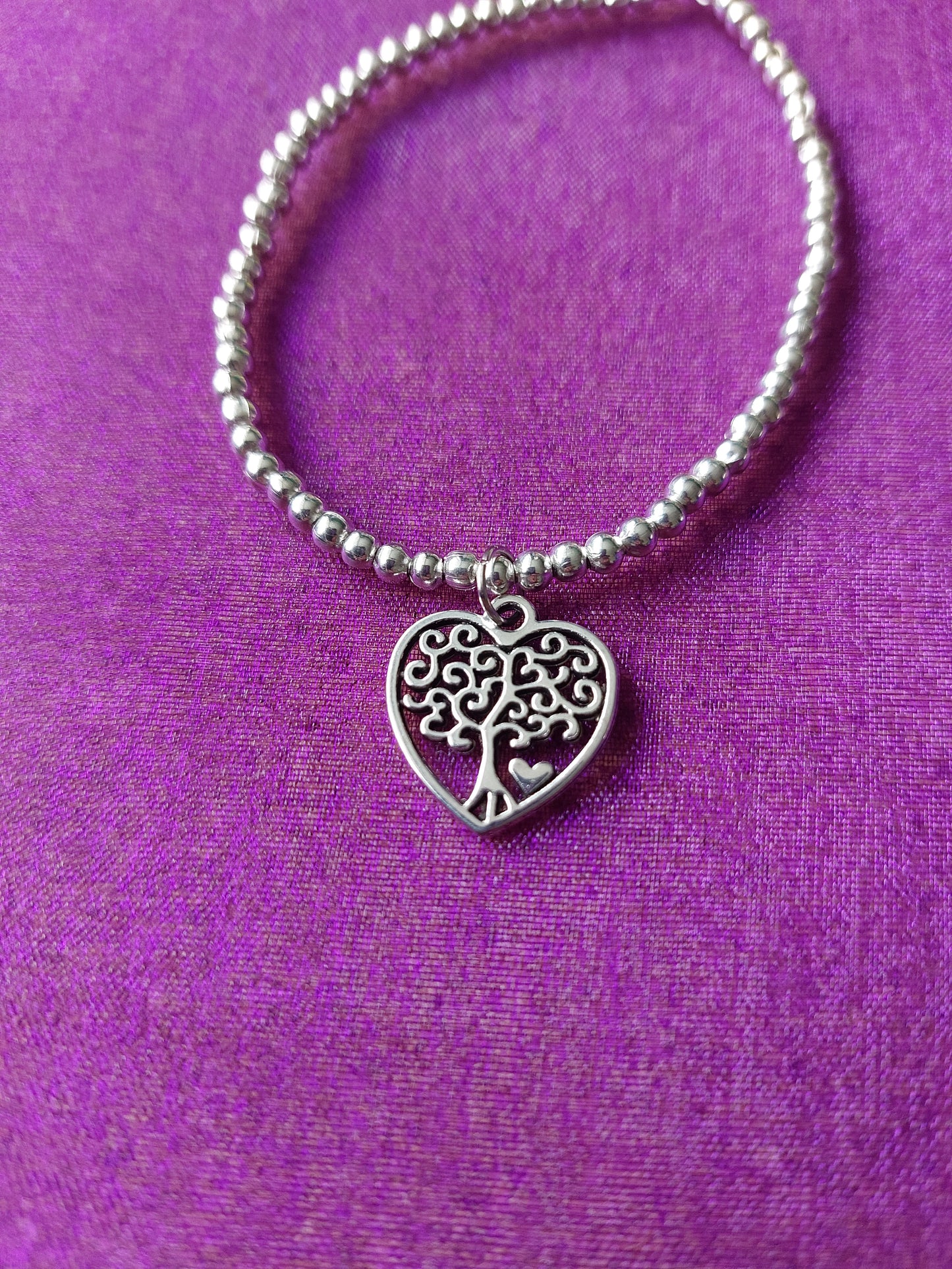 Beaded Tree of Life Heart Charm Bracelet | Elasticated Silver Plated Pendant | Gift for Her
