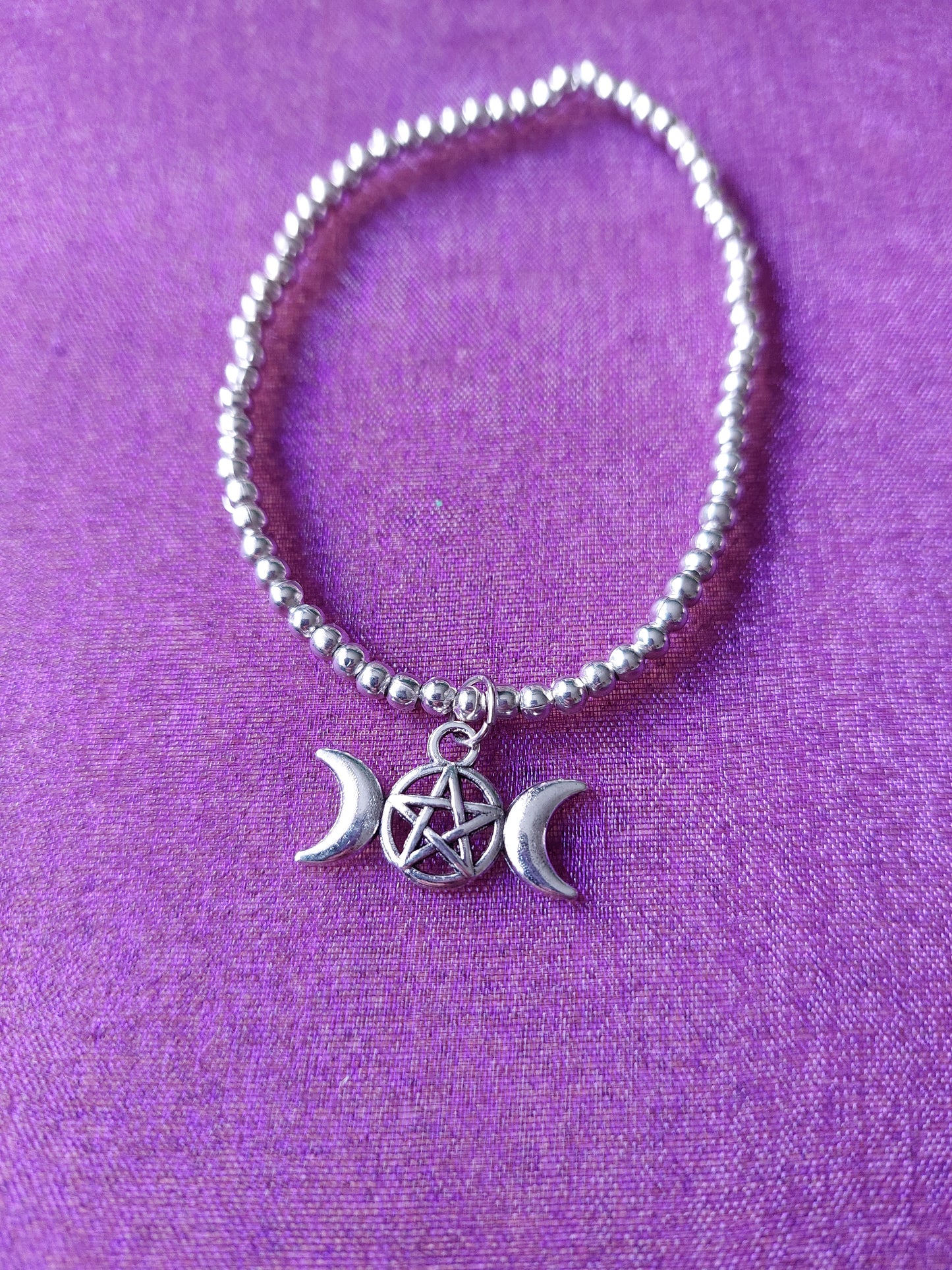 Beaded Triple Moon Charm Bracelet | Silver Beads | Elasticated One Size | Wiccan & Pagan Jewellery