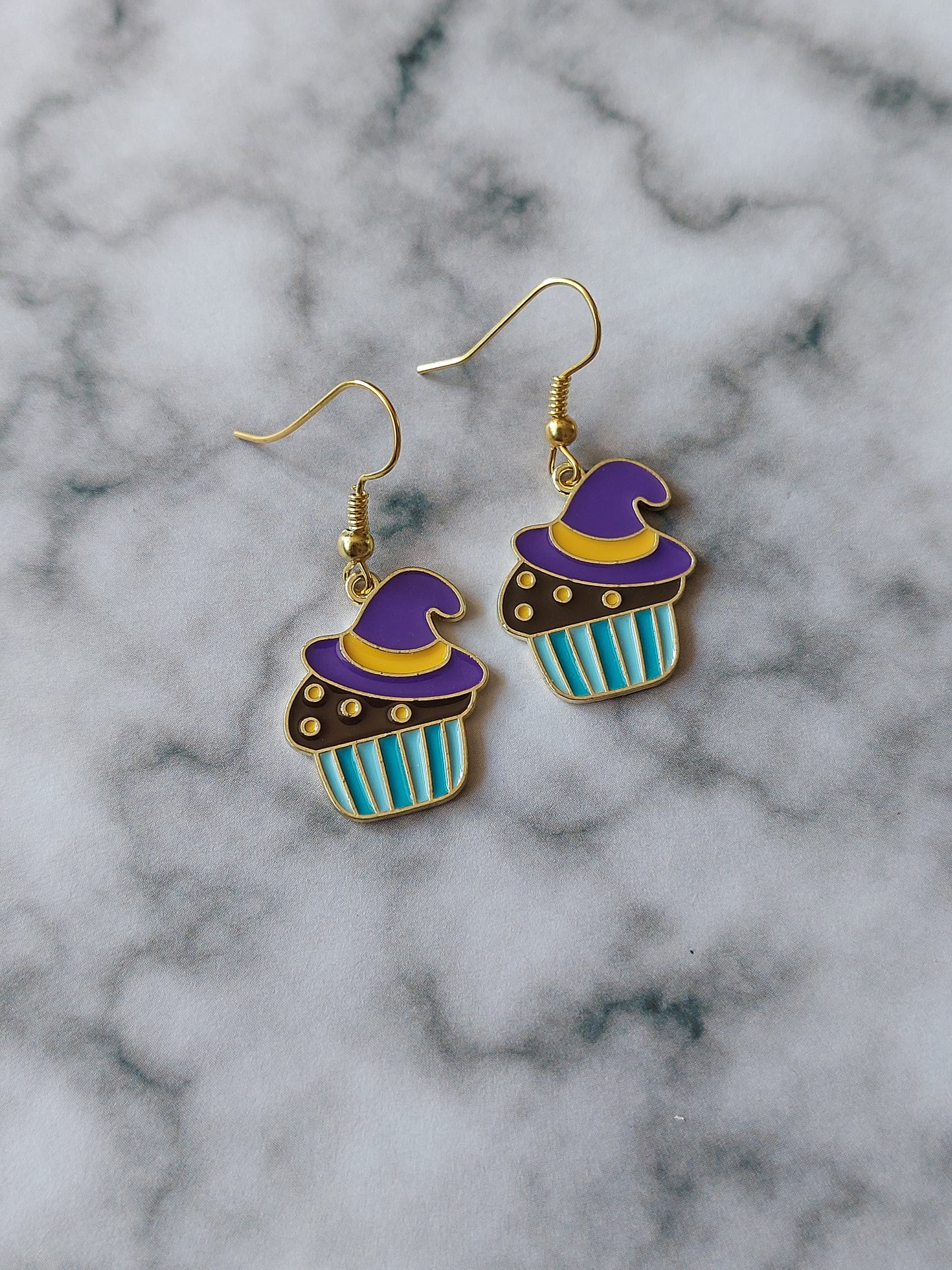 Witch Hat Cupcake Earrings – Cute Halloween Earrings, Enamel Gold Charm, Spooky Kawaii Jewelry, Witchy Earrings, Fall Accessory