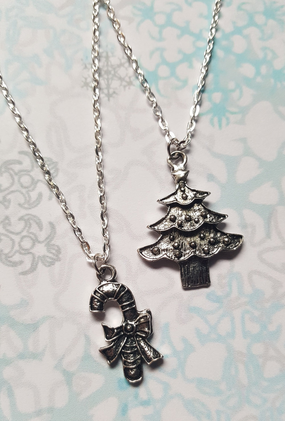 Christmas Pendant Necklace | Tibetan Silver Candy Cane & Tree | Festive Holiday Jewellery | Silver Plated Chain