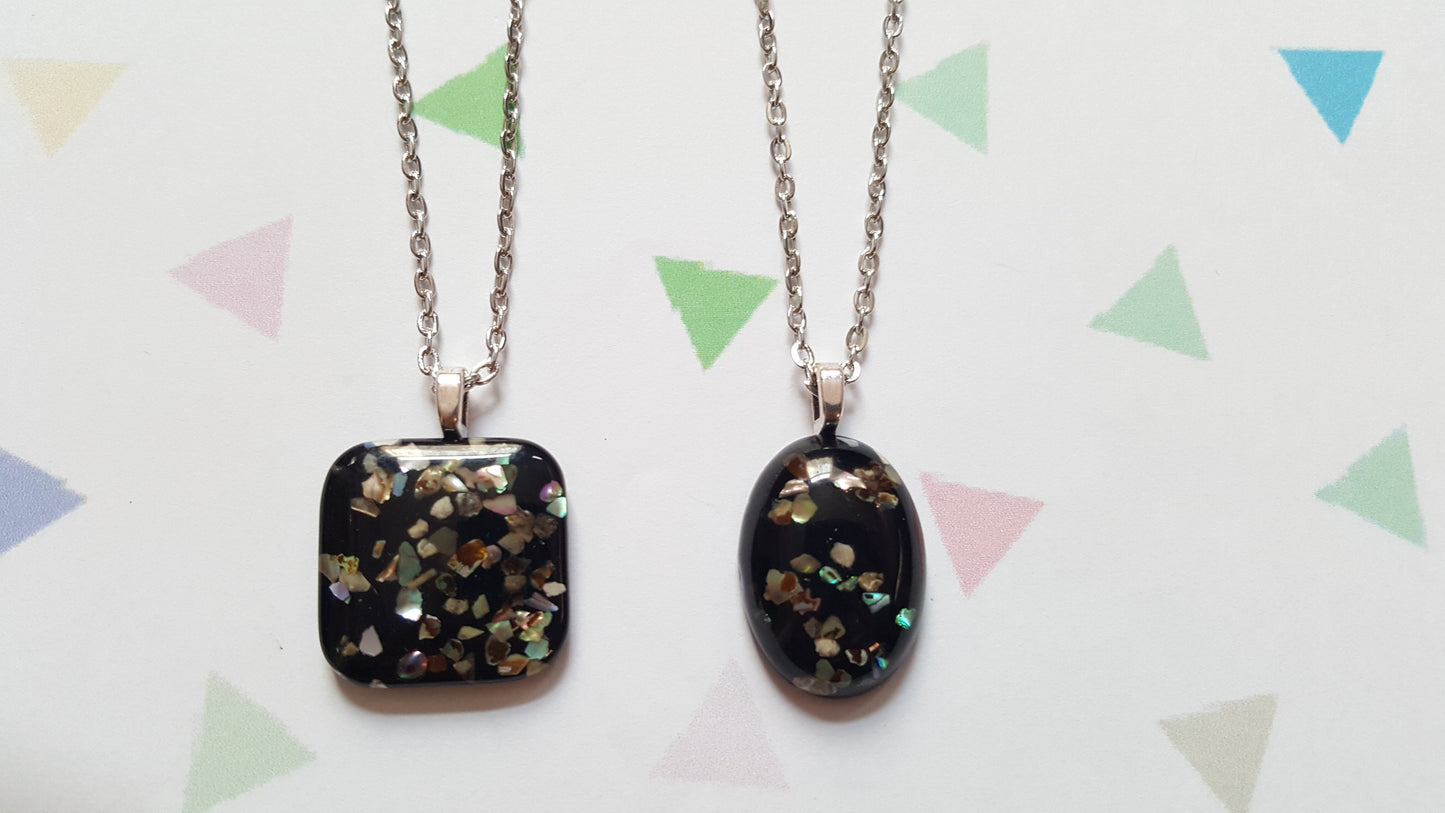 Glitter Shape Necklace | Resin Pendant Silver Plated Chain | Sparkly Statement Jewellery (Oval & Square Options)