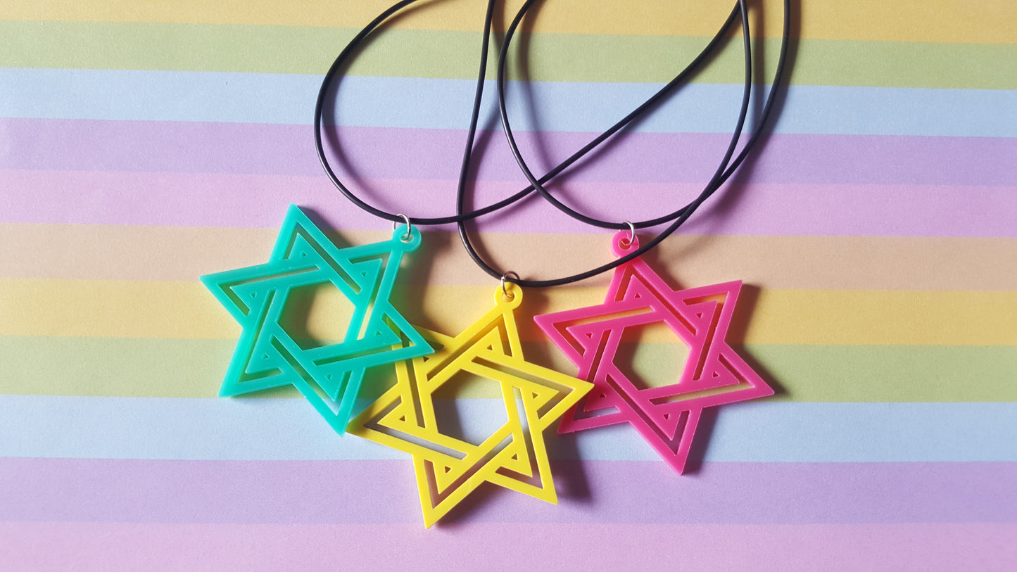 Bright Geometric Star Necklace | Laser-Cut Acrylic Pendant on Black Rubber Cord | Bold Statement Jewelry