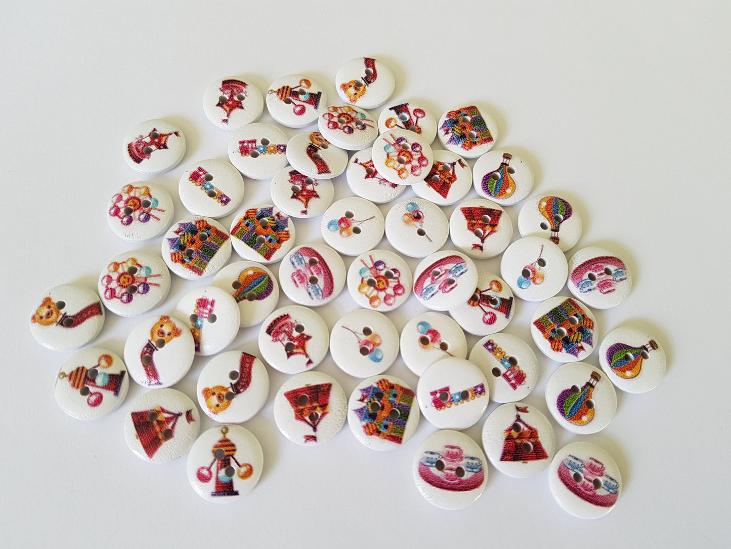 50 x 15mm Fairground Print Wooden Buttons | 2-Hole Round Sewing Buttons for Crafts, Scrapbooking & DIY Projects