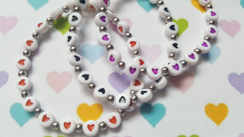 Beaded Coin Bracelet | Heart Print Acrylic Beads | Cute Elastic Jewellery