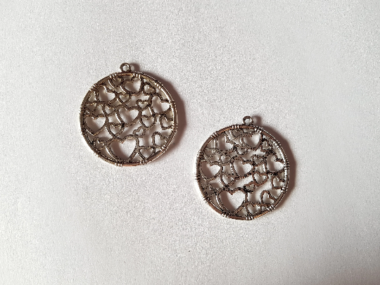 35mm silver plated filigree hearts pendants