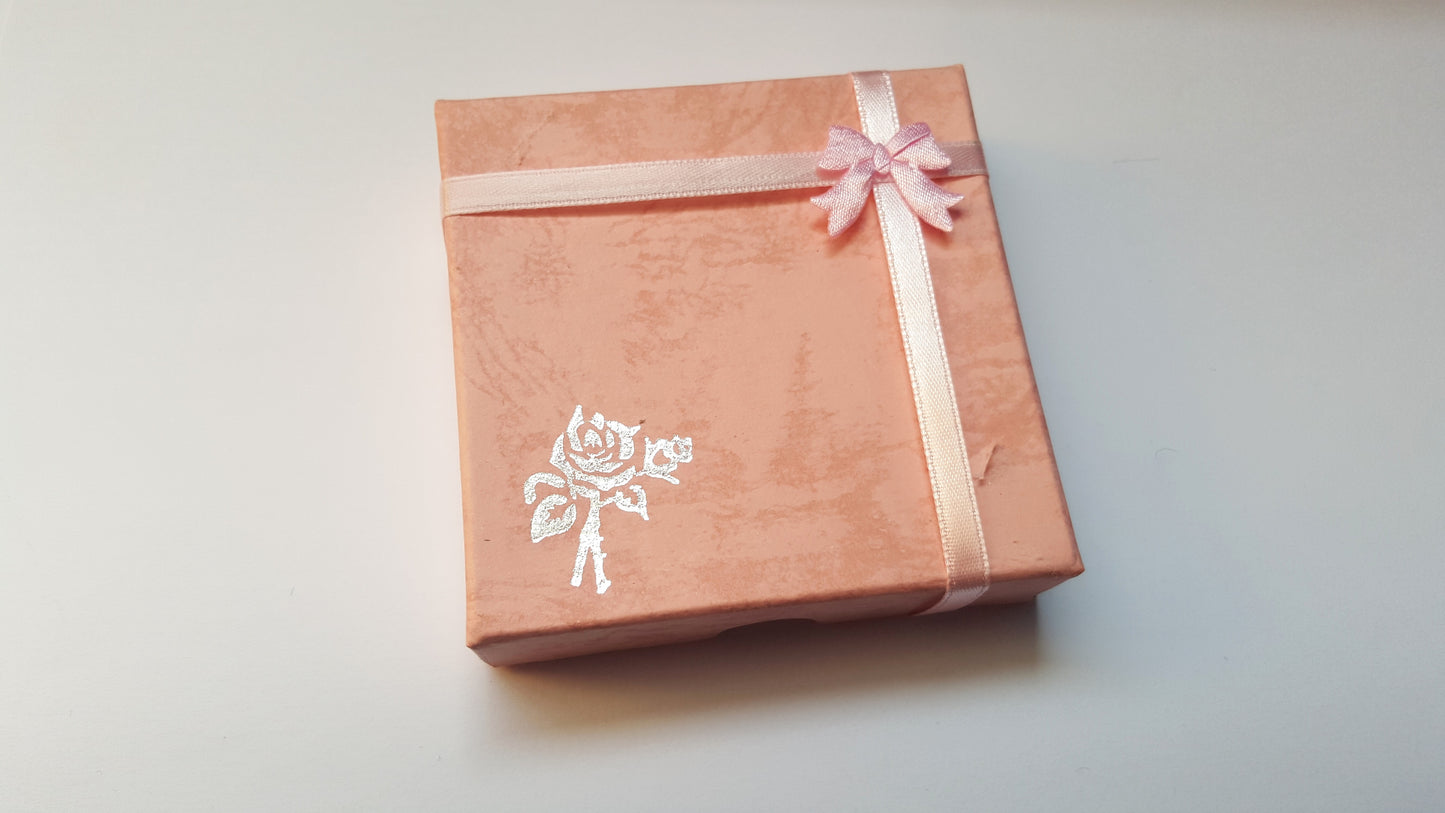 Jewellery Gift Box | Square Cardboard Box with Ribbon Bow & Metallic Rose, Small Storage for Rings, Earrings, or Bracelets