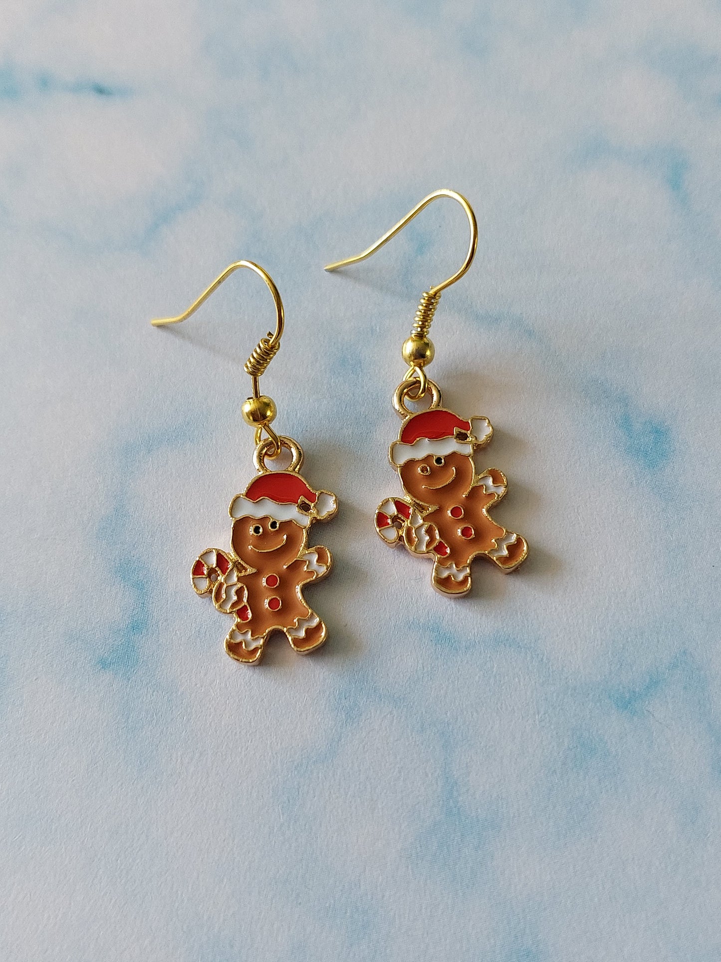 Gingerbread Men Earrings | Gold Enamel Christmas Dangle Earrings | Festive Holiday Jewellery