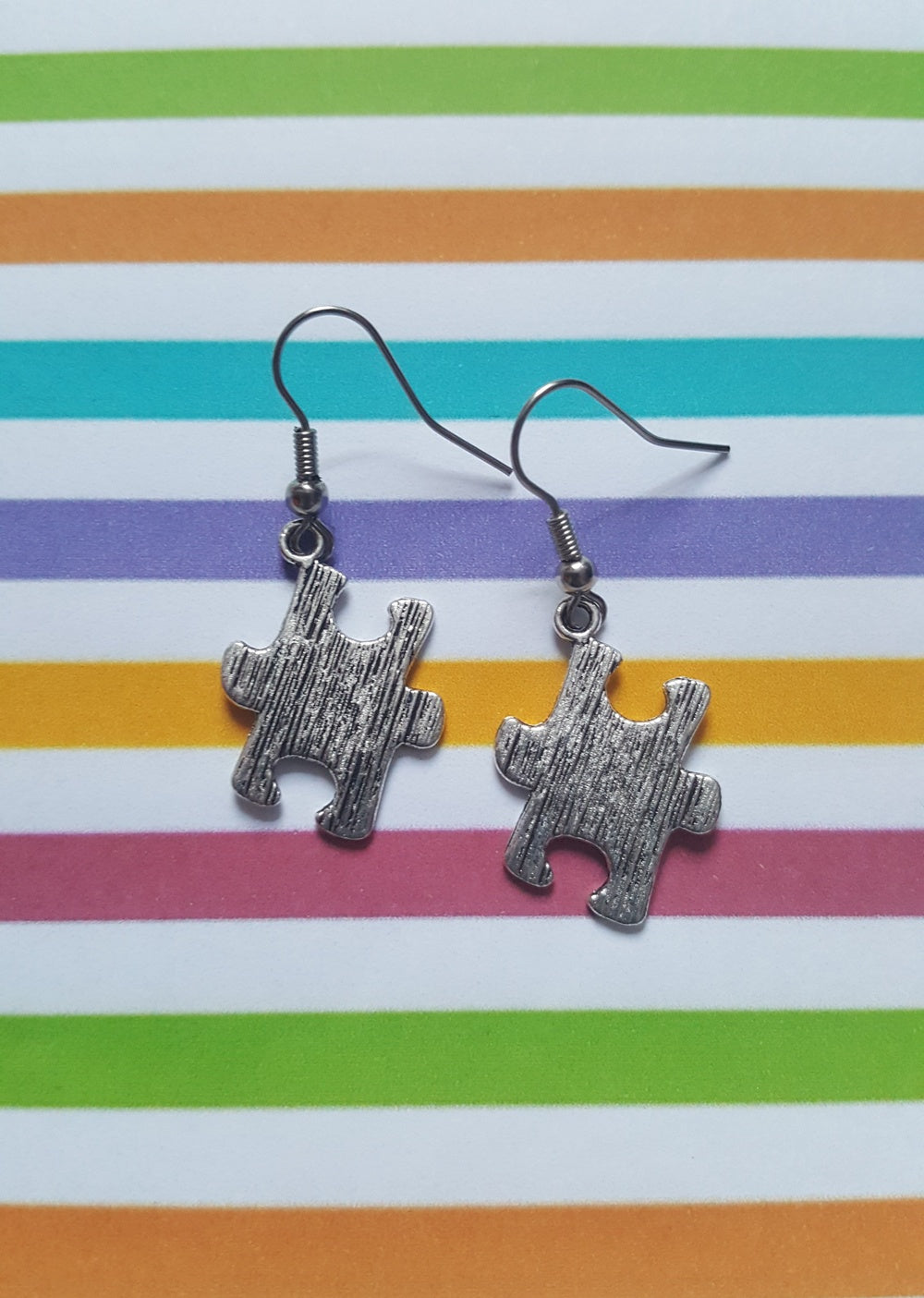 Jigsaw Puzzle Piece Earrings | Fun Tibetan Silver Plated Dangle Jewelry | Unique Gift for Puzzle Lovers