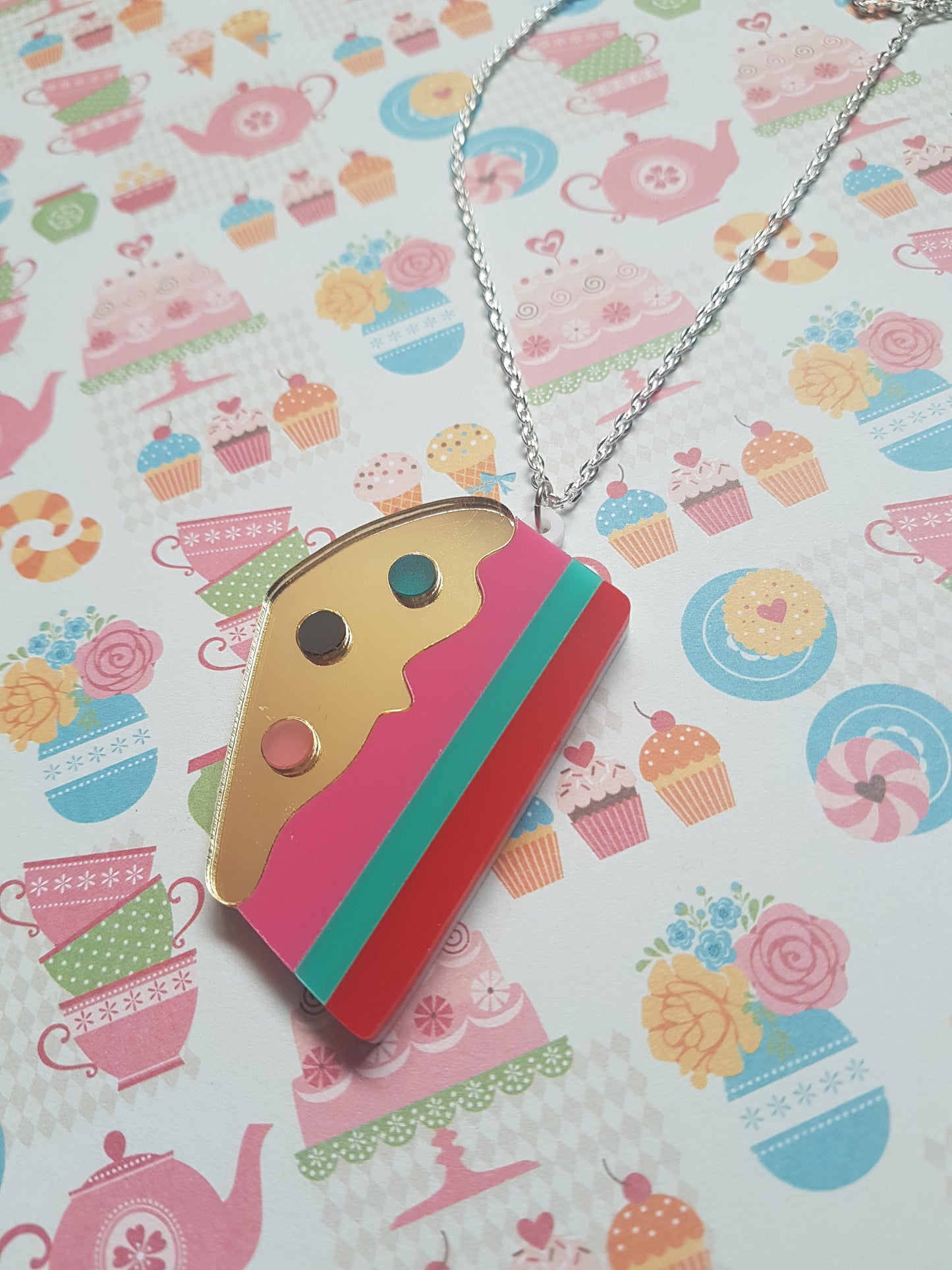 Cake Necklace | Layered Acrylic Pendant | Silver Plated Chain Jewellery | Fun Kawaii Statement Necklace