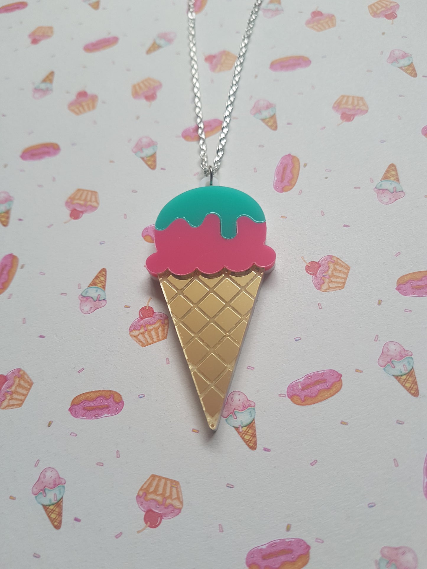 Ice-Cream Necklace | Layered Acrylic Pendant | Silver Plated Chain Jewellery | Fun Kawaii Statement Necklace