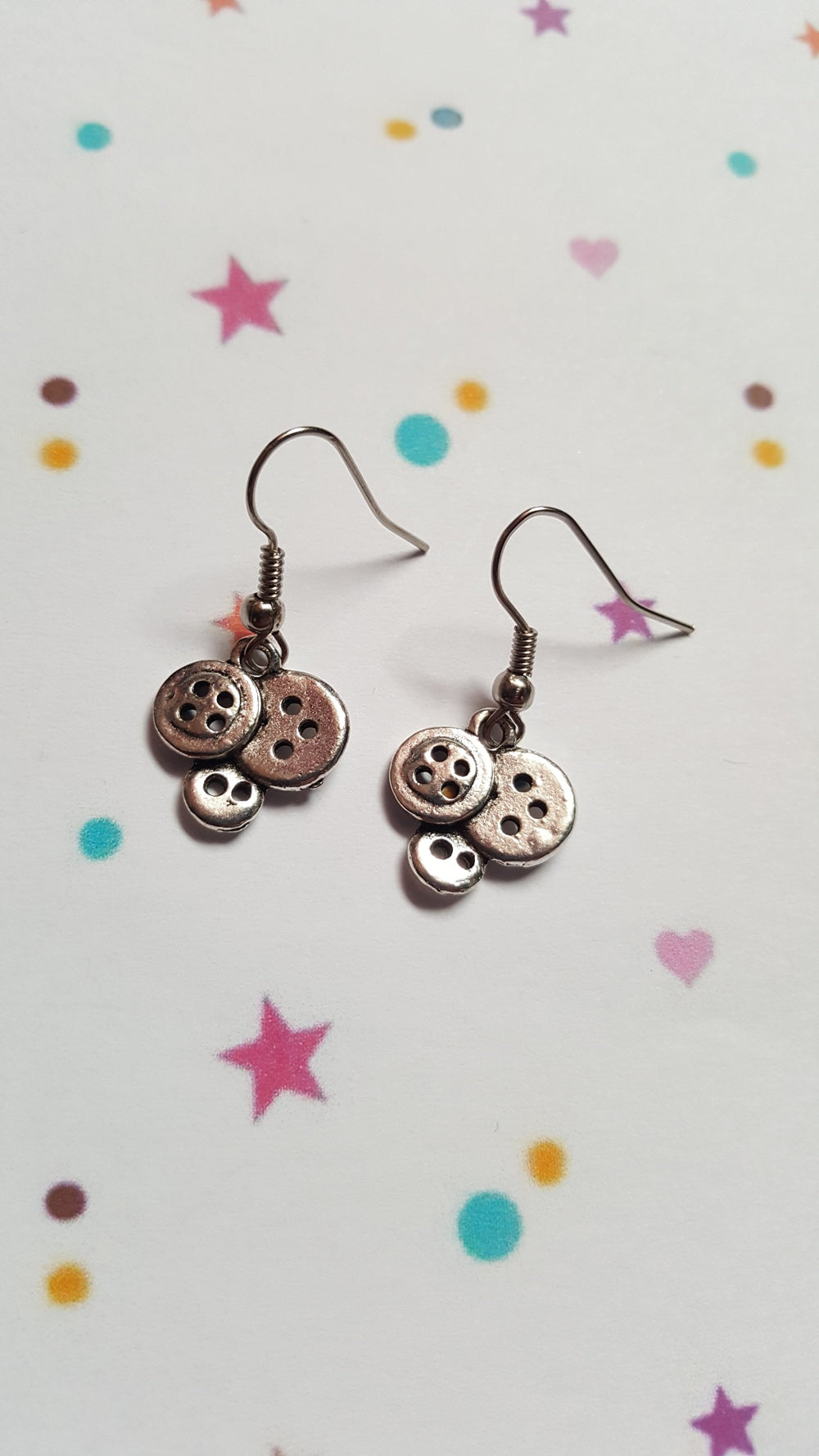 Button Charm Earrings | Tibetan Silver Drop Earrings | Handmade Dainty Jewellery | Everyday Silver Earrings