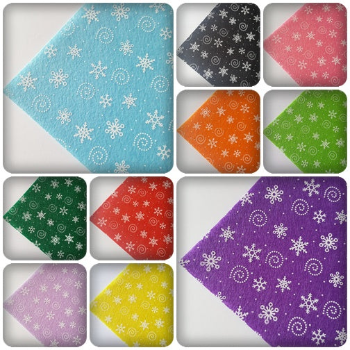 1 x Snowflake Printed Felt Sheet | 12" Square (30cm) Polyester Fabric for Christmas Crafts, Sewing & DIY Projects