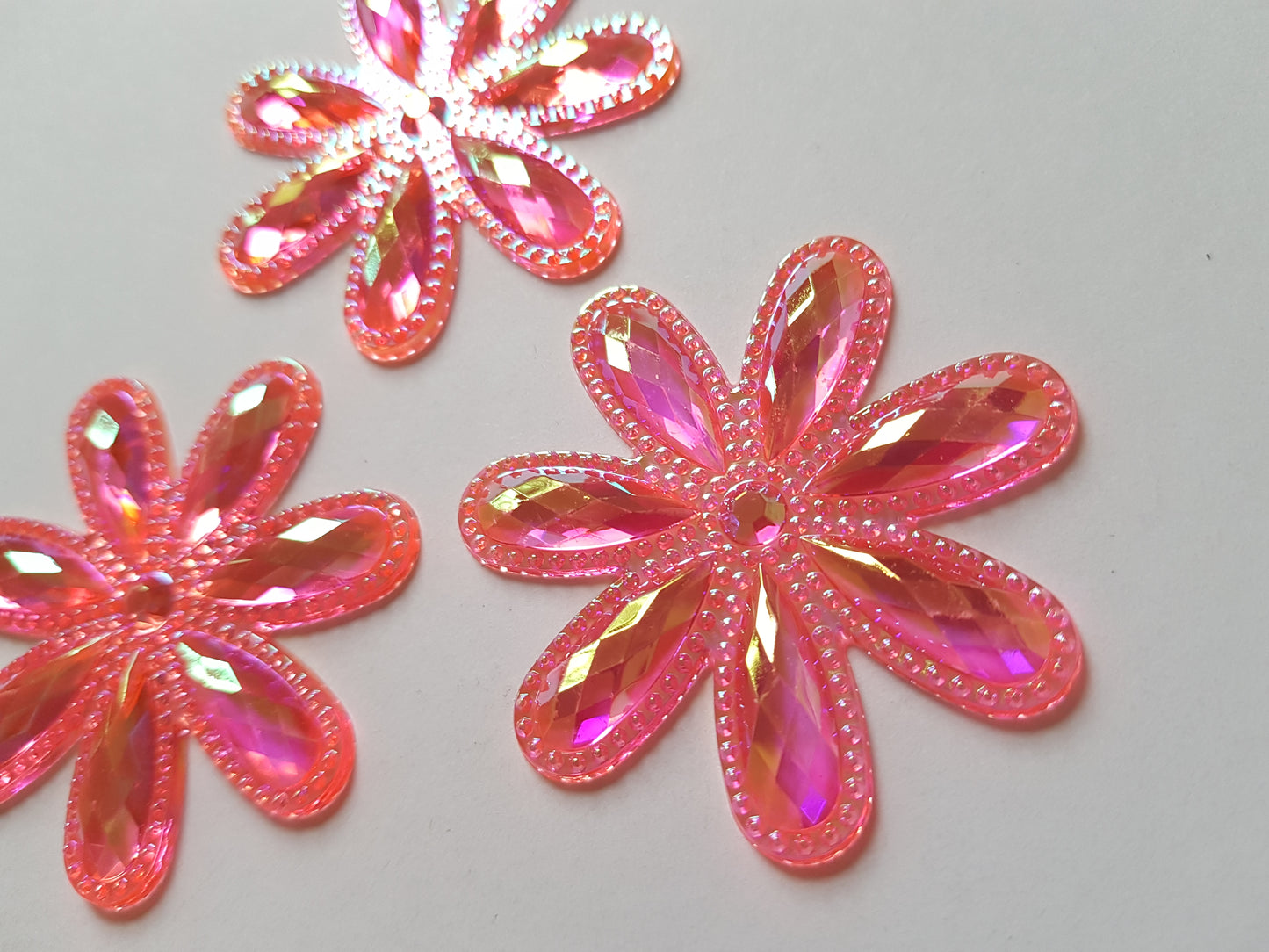 3 x 46mm AB Plated Acrylic Flower Flatback Embellishments | Decorative Cabochons for DIY Crafts, Scrapbooking & Jewellery